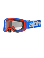 Alpinestars Vision 8 Wordmark Goggles Dual Pane, masque de motocross, bleu et orange, écran transparent à double paroi, sangle bleue avec marquage blanc, rembourrage en mousse noire, équipement de course tout-terrain