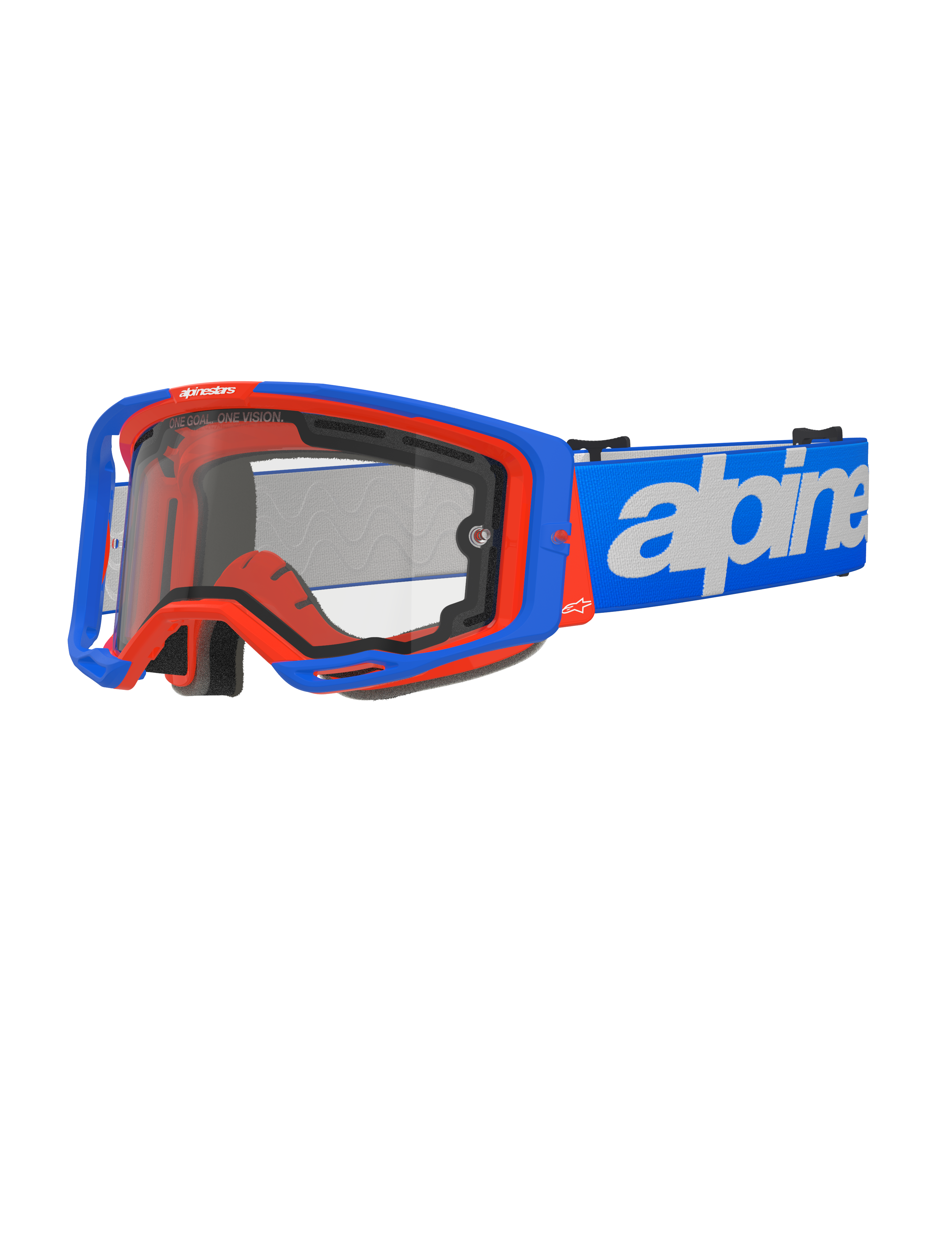 Alpinestars Vision 8 Wordmark Goggles Dual Pane, masque de motocross, bleu et orange, écran transparent à double paroi, sangle bleue avec marquage blanc, rembourrage en mousse noire, équipement de course tout-terrain