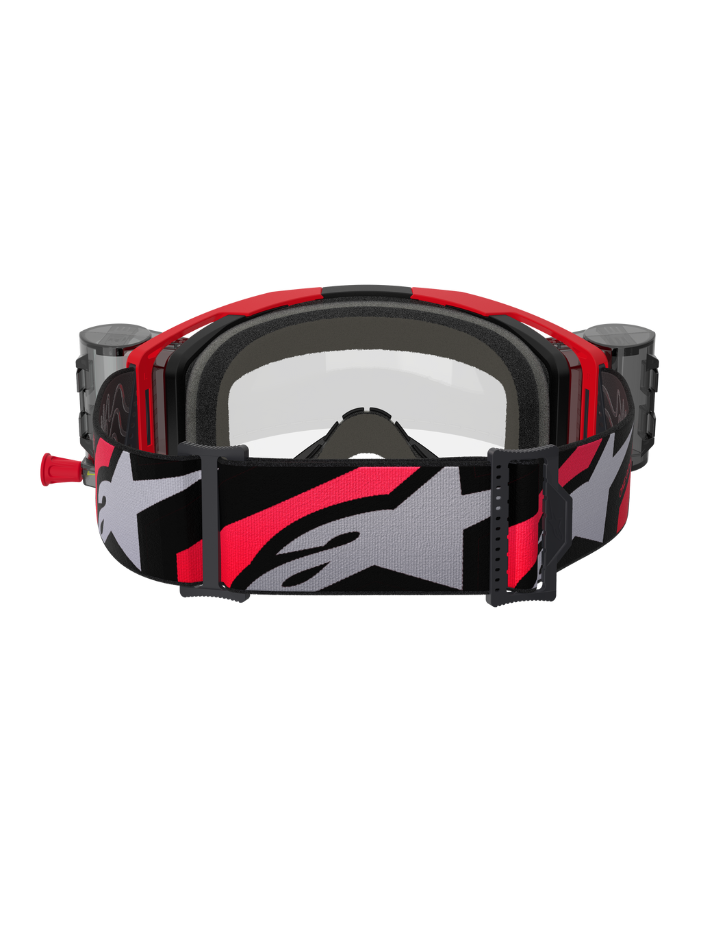 Masque Alpinestars Vision 8 Luar Roll Off, masque de motocross, rouge, noir et transparent, vue arrière avec mousse faciale intérieure grise, boîtiers du système roll-off sur les côtés, et large sangle réglable avec grand logo Alpinestars gris et accents rouges.