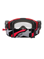 Masque Alpinestars Vision 8 Luar Roll Off, masque de motocross, rouge, noir et transparent, vue arrière avec mousse faciale intérieure grise, boîtiers du système roll-off sur les côtés, et large sangle réglable avec grand logo Alpinestars gris et accents rouges.