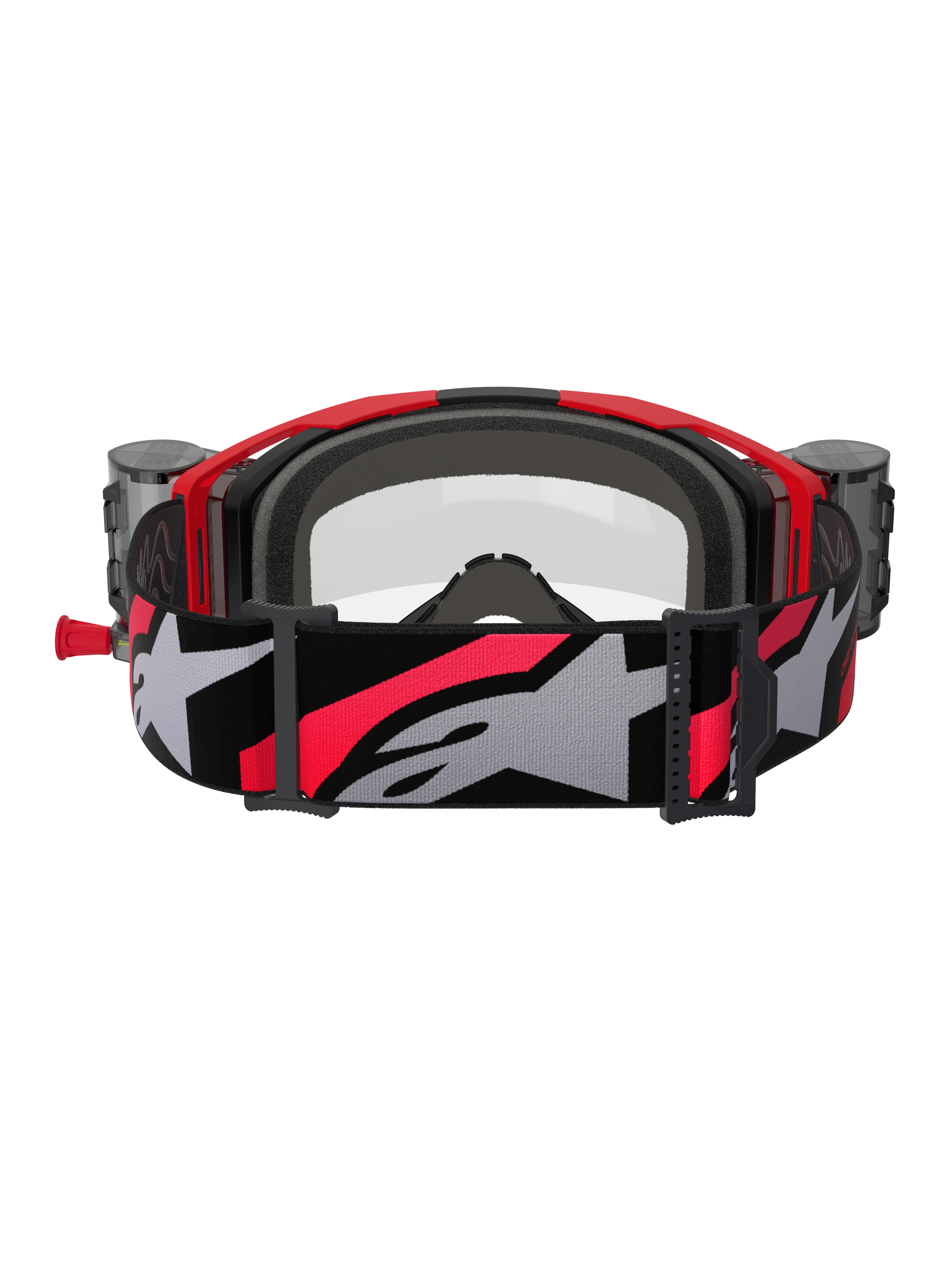 Masque Alpinestars Vision 8 Luar Roll Off, masque de motocross, rouge, noir et transparent, vue arrière avec mousse faciale intérieure grise, boîtiers du système roll-off sur les côtés, et large sangle réglable avec grand logo Alpinestars gris et accents rouges.
