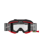 Masque Alpinestars Vision 8 Luar Roll Off, masque de motocross, rouge et noir, doté d'un écran clair avec boîtiers de système roll-off intégrés, marquage Alpinestars distinctif avec le texte « ONE GOAL. ONE VISION. », conçu pour la visibilité en compétition tout-terrain