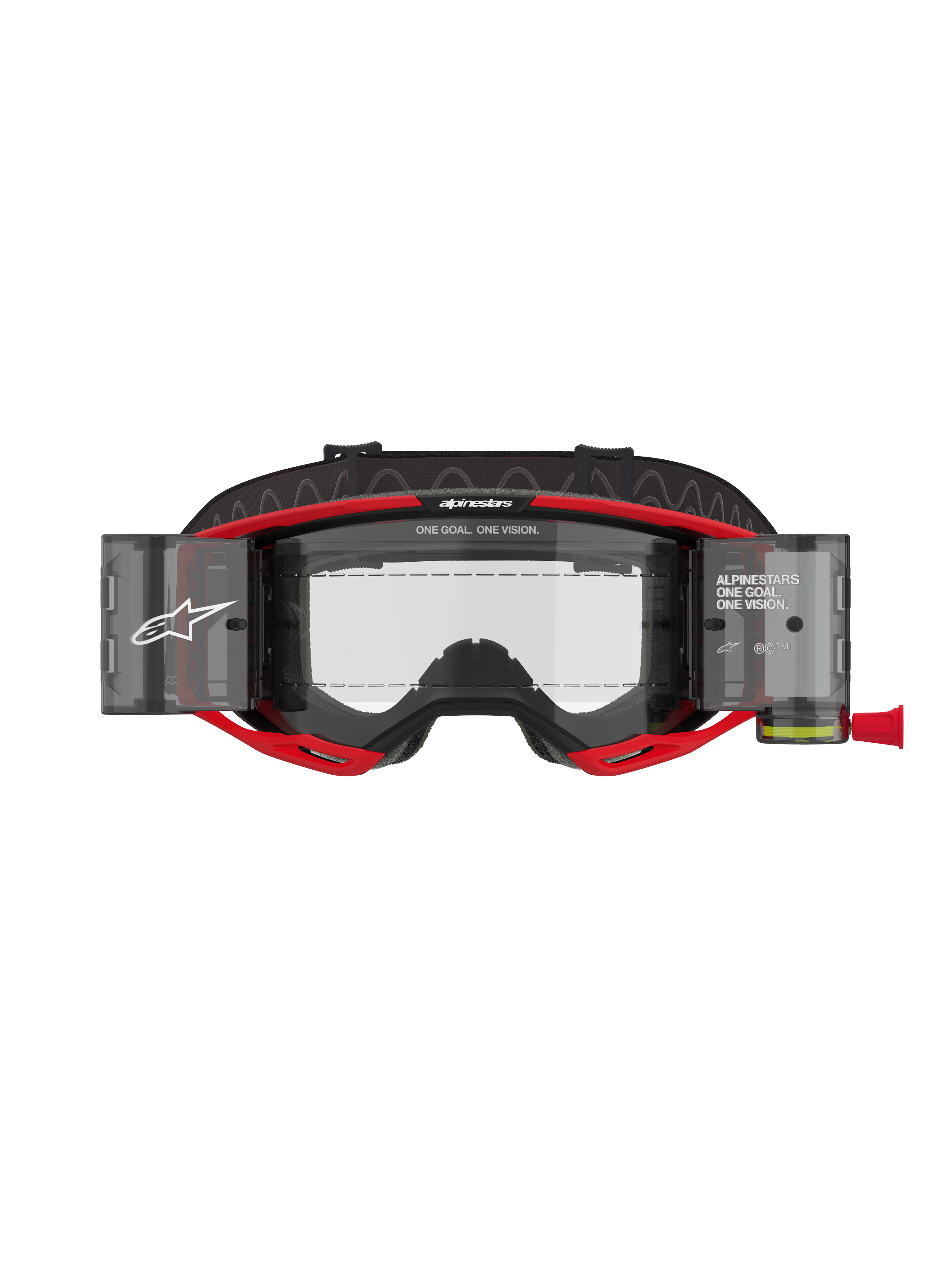 Masque Alpinestars Vision 8 Luar Roll Off, masque de motocross, rouge et noir, doté d'un écran clair avec boîtiers de système roll-off intégrés, marquage Alpinestars distinctif avec le texte « ONE GOAL. ONE VISION. », conçu pour la visibilité en compétition tout-terrain