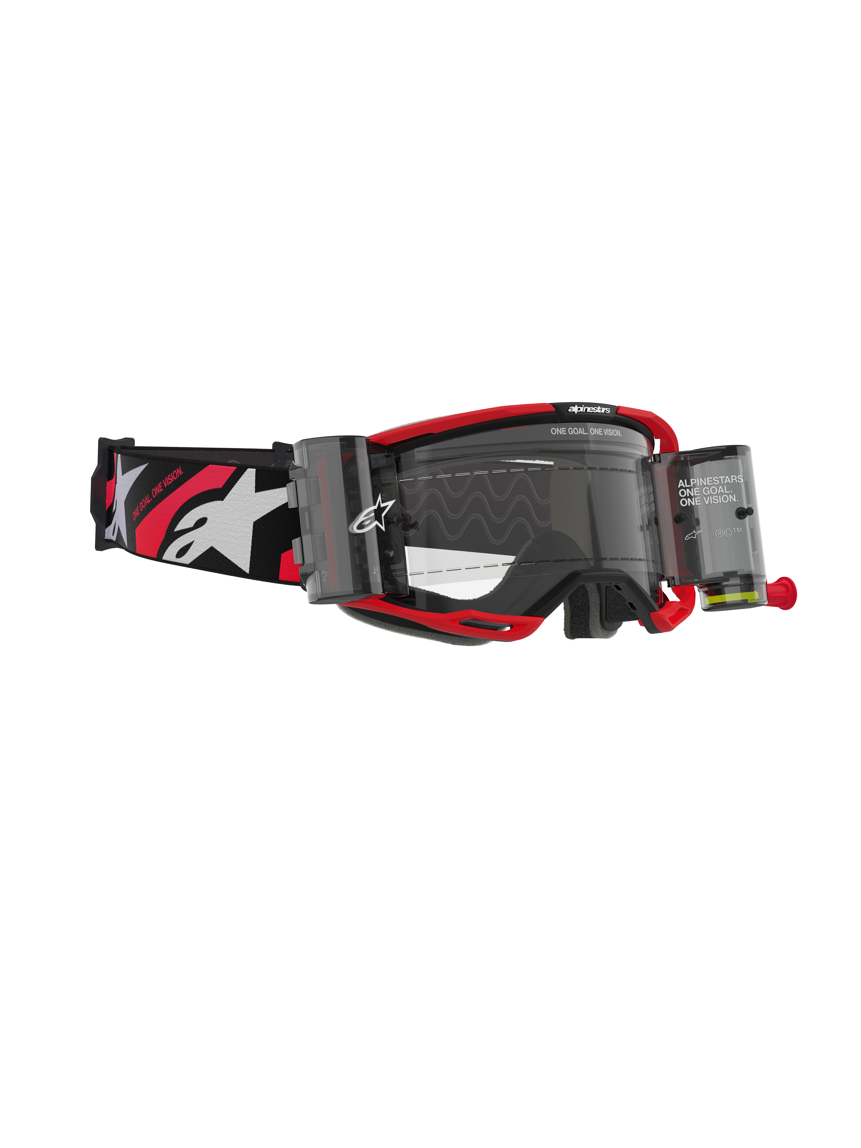 Masque Alpinestars Vision 8 Luar Roll Off, masque de motocross, monture rouge et noire avec écran clair, avec système roll-off intégré et large sangle noire avec logos blancs et accents rouges
