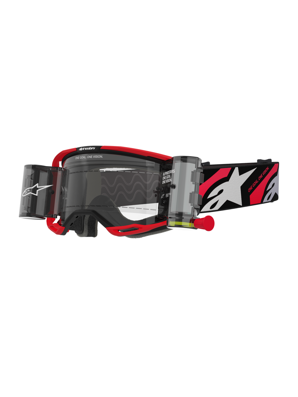 Alpinestars Vision 8 Luar Goggles Roll Off, lunettes de motocross, rouges et noires, écran clair avec système roll-off à vision large intégré, languette rouge, sangle noire avec logo étoile blanc et graphismes « ONE GOAL ONE VISION »