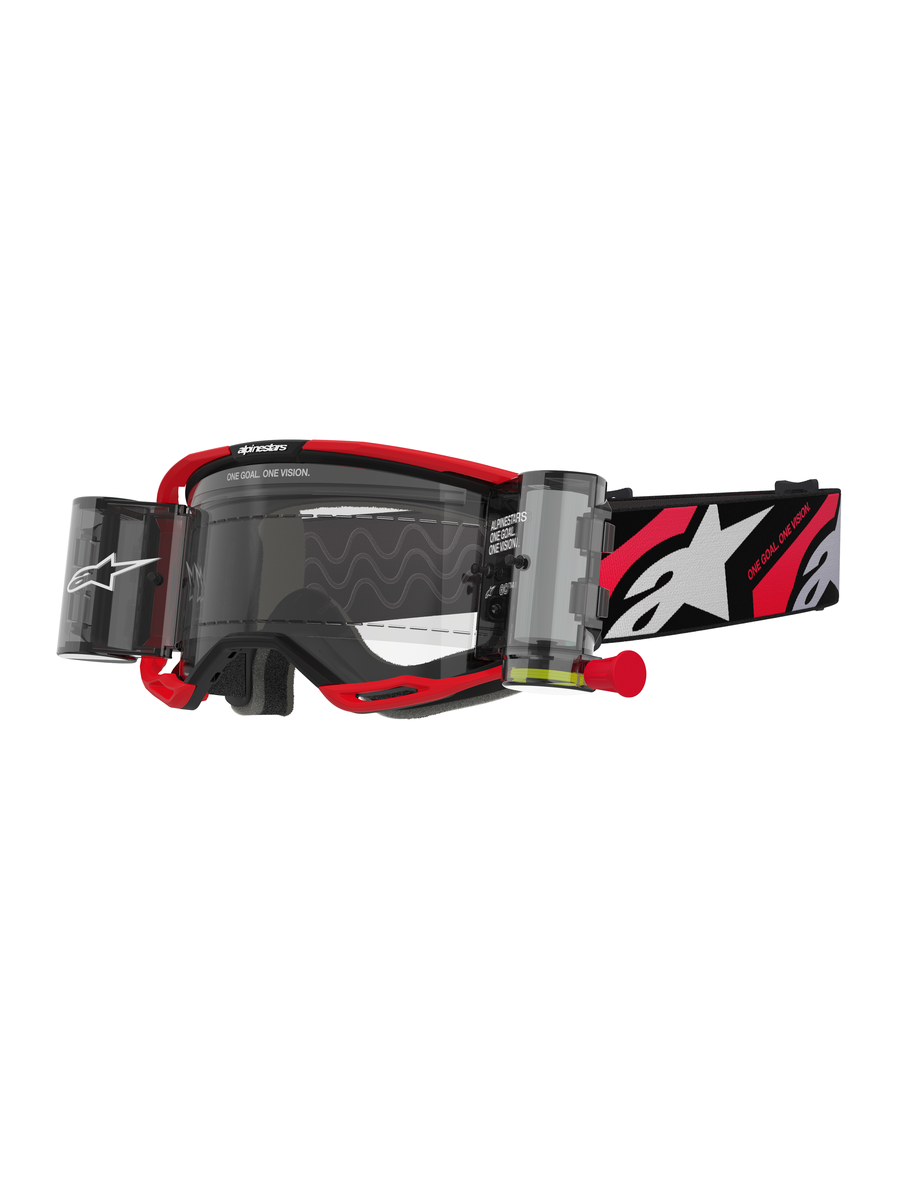 Alpinestars Vision 8 Luar Goggles Roll Off, lunettes de motocross, rouges et noires, écran clair avec système roll-off à vision large intégré, languette rouge, sangle noire avec logo étoile blanc et graphismes « ONE GOAL ONE VISION »