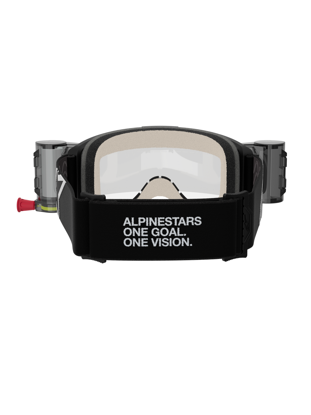Alpinestars Vision 5 Corp Goggles Roll Off, masque de motocross, noir et transparent, vue arrière présentant un large bandeau noir avec le marquage « ALPINESTARS ONE GOAL. ONE VISION. », boîtiers du système roll-off et mousse faciale multicouche confortable