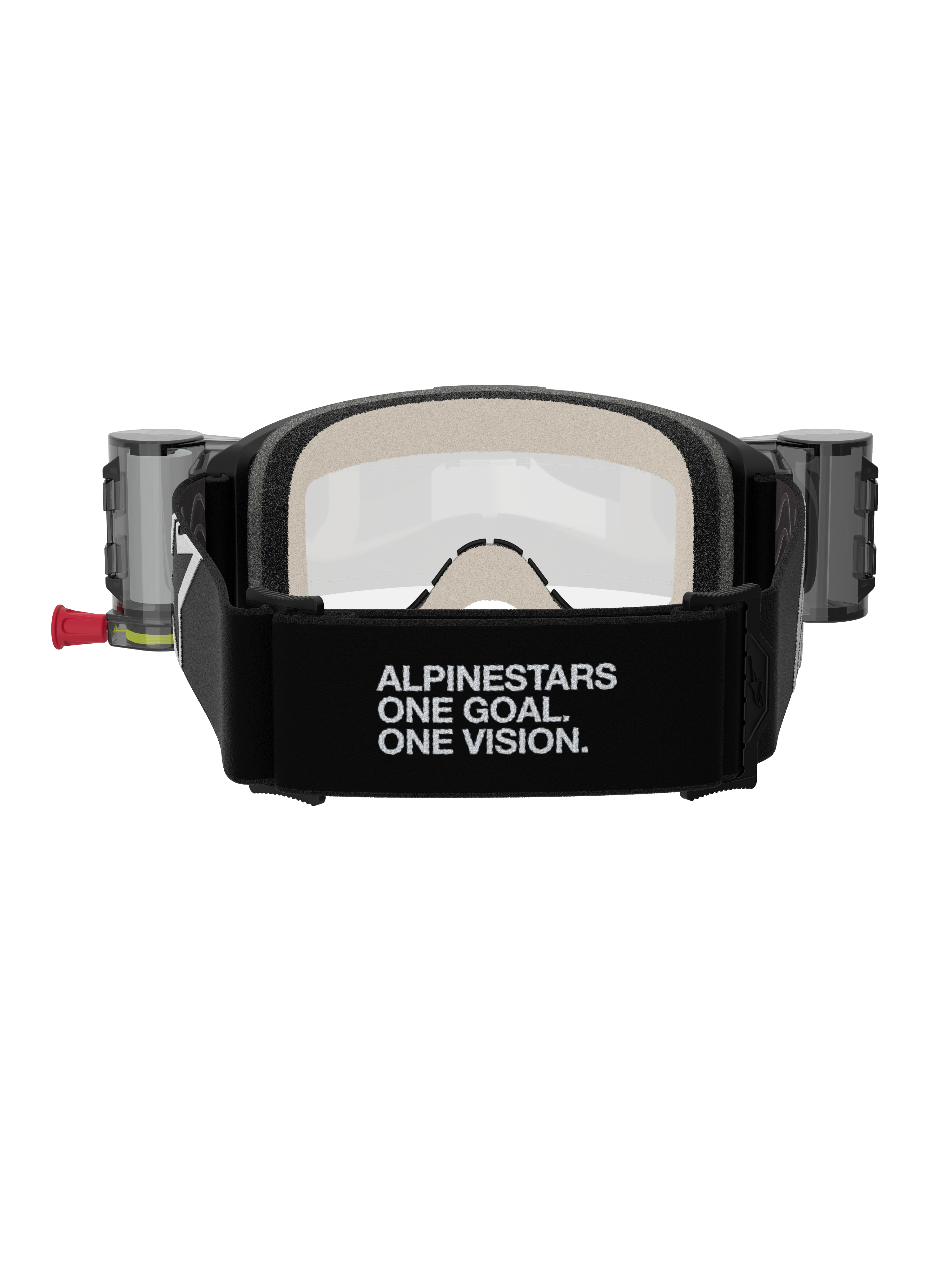 Alpinestars Vision 5 Corp Goggles Roll Off, masque de motocross, noir et transparent, vue arrière présentant un large bandeau noir avec le marquage « ALPINESTARS ONE GOAL. ONE VISION. », boîtiers du système roll-off et mousse faciale multicouche confortable