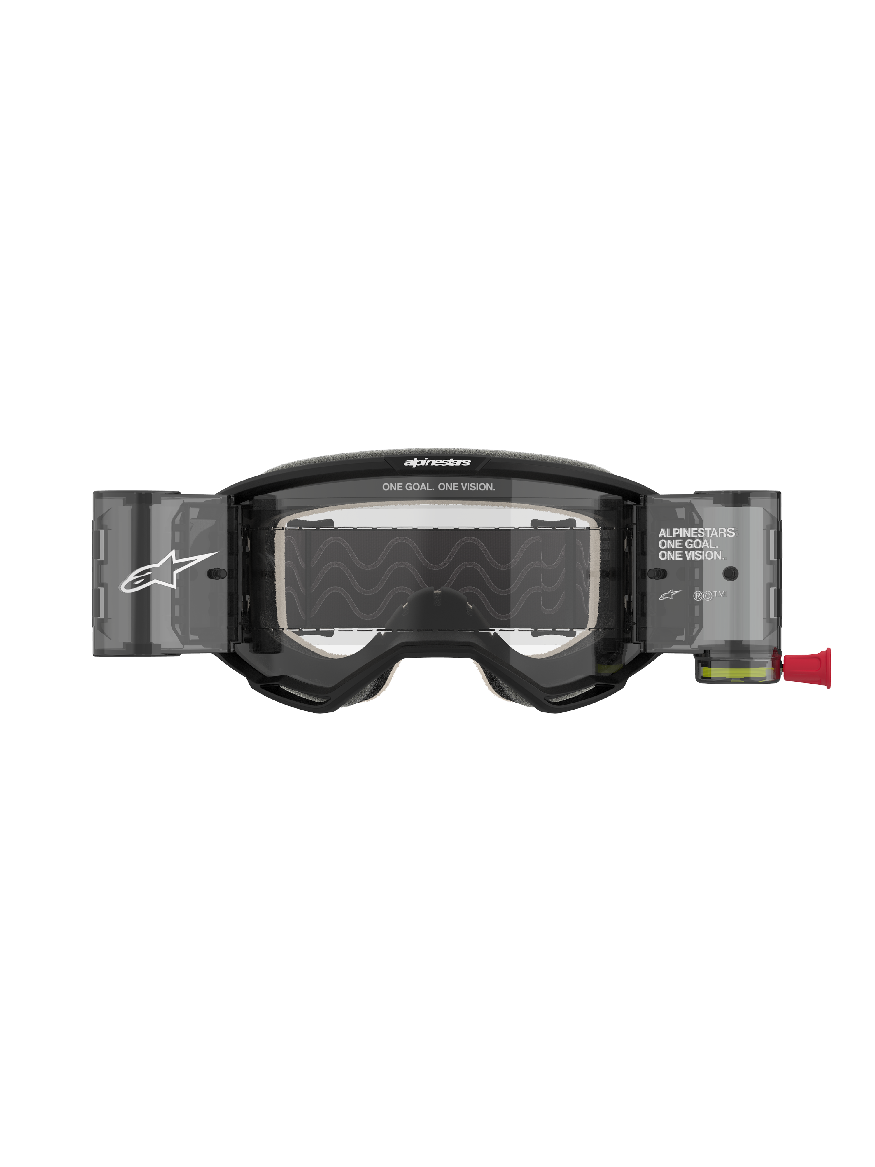 Alpinestars Vision 5 Corp Roll Off, lunettes de motocross, noir avec écran clair, dotées de boîtiers de système Roll-Off Wide Vision intégrés, écran en polycarbonate anti-buée, monture en uréthane A-FLEX et logo Alpinestars distinctif.