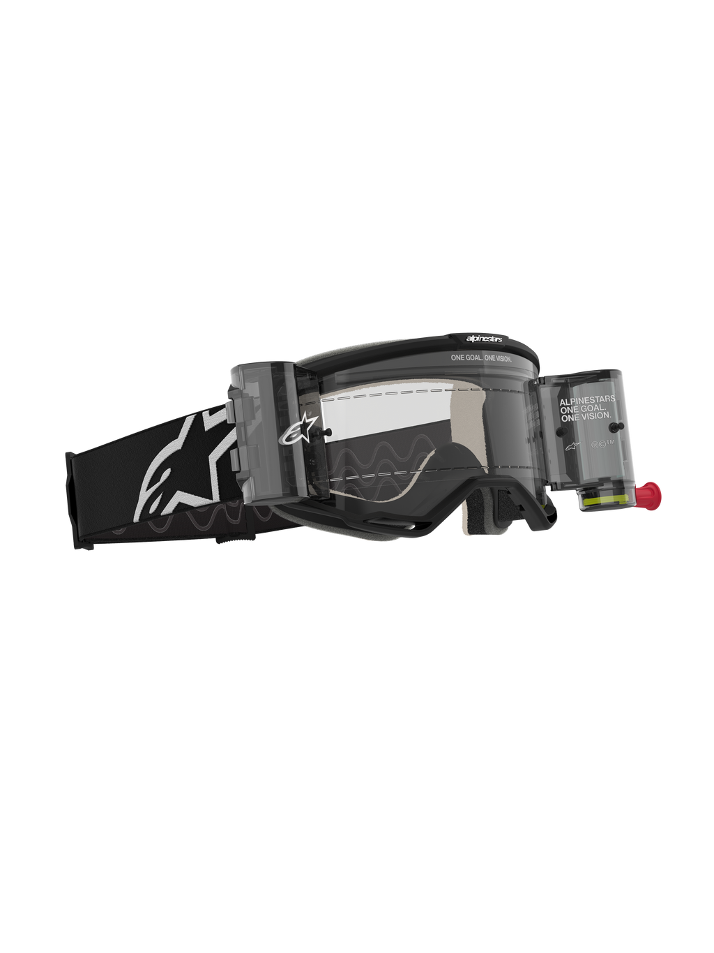 Masque Alpinestars Vision 5 Corp Roll-Off, lunettes de motocross, noir avec écran clair, doté du système Wide Vision Roll-Off avec boîtiers et film, bandeau tissé noir avec logo Alpinestars blanc, protection oculaire haute performance pour le tout-terrain.