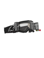 Masque Alpinestars Vision 5 Corp Roll-Off, lunettes de motocross, noir avec écran clair, doté du système Wide Vision Roll-Off avec boîtiers et film, bandeau tissé noir avec logo Alpinestars blanc, protection oculaire haute performance pour le tout-terrain.