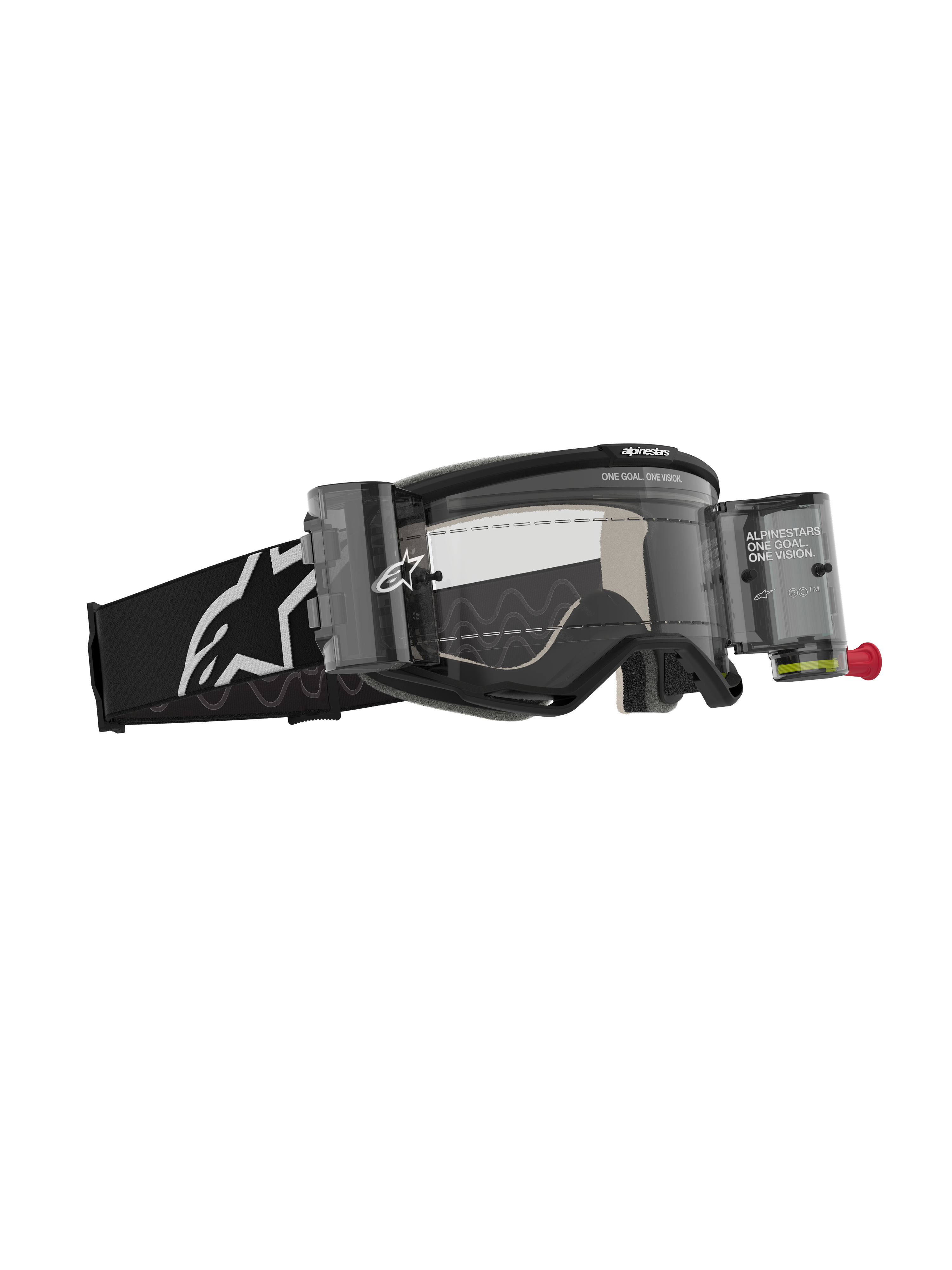 Masque Alpinestars Vision 5 Corp Roll-Off, lunettes de motocross, noir avec écran clair, doté du système Wide Vision Roll-Off avec boîtiers et film, bandeau tissé noir avec logo Alpinestars blanc, protection oculaire haute performance pour le tout-terrain.