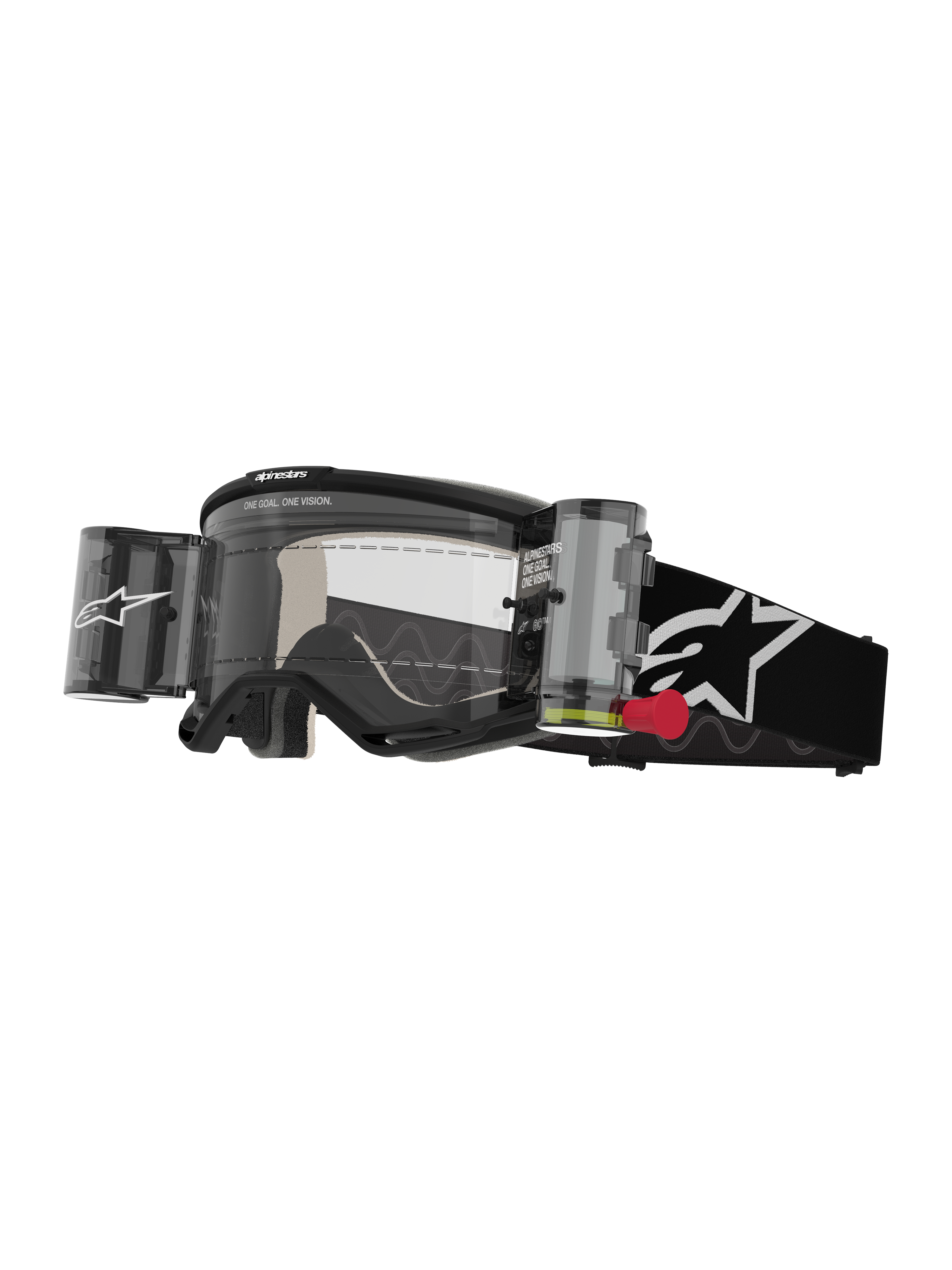 Alpinestars Vision 5 Corp Goggles Roll Off, masque de motocross, noir et blanc, écran transparent avec système roll-off Wide Vision intégré, languette rouge, sangle noire avec logo étoile blanc, marquage ONE GOAL ONE VISION
