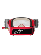 Alpinestars Vision 5 Blaze Goggles Roll Off, Red and Black, Rear view showing wide woven strap with white branding and black logo patch, thick multi-stage face foam, and Wide Vision Roll-Off system canisters on the sides, motocross protective gear