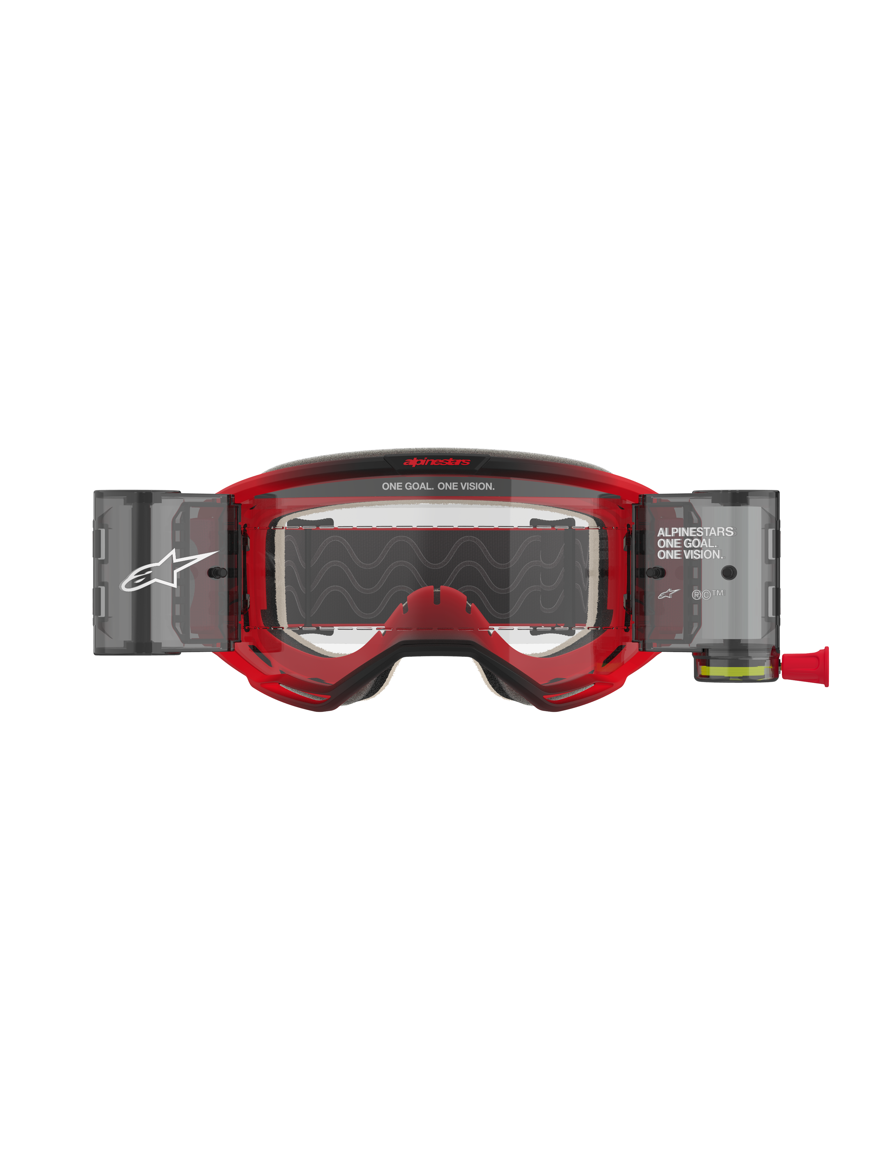 Alpinestars Vision 5 Blaze Goggles Roll Off, Motocross Goggles, Red frame with clear lens, featuring integrated Wide Vision Roll-Off system with side canisters, 'ONE GOAL. ONE VISION.' branding on the frame and lens, professional off-road eye protection.