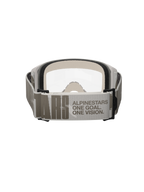 Alpinestars Vision 5 Hollow Goggles, Motocross Goggles, Wind Clear, rear view focusing on the wide light gray strap with Alpinestars branding and 'One Goal One Vision' slogan, white frame with clear lens and thick face foam visible