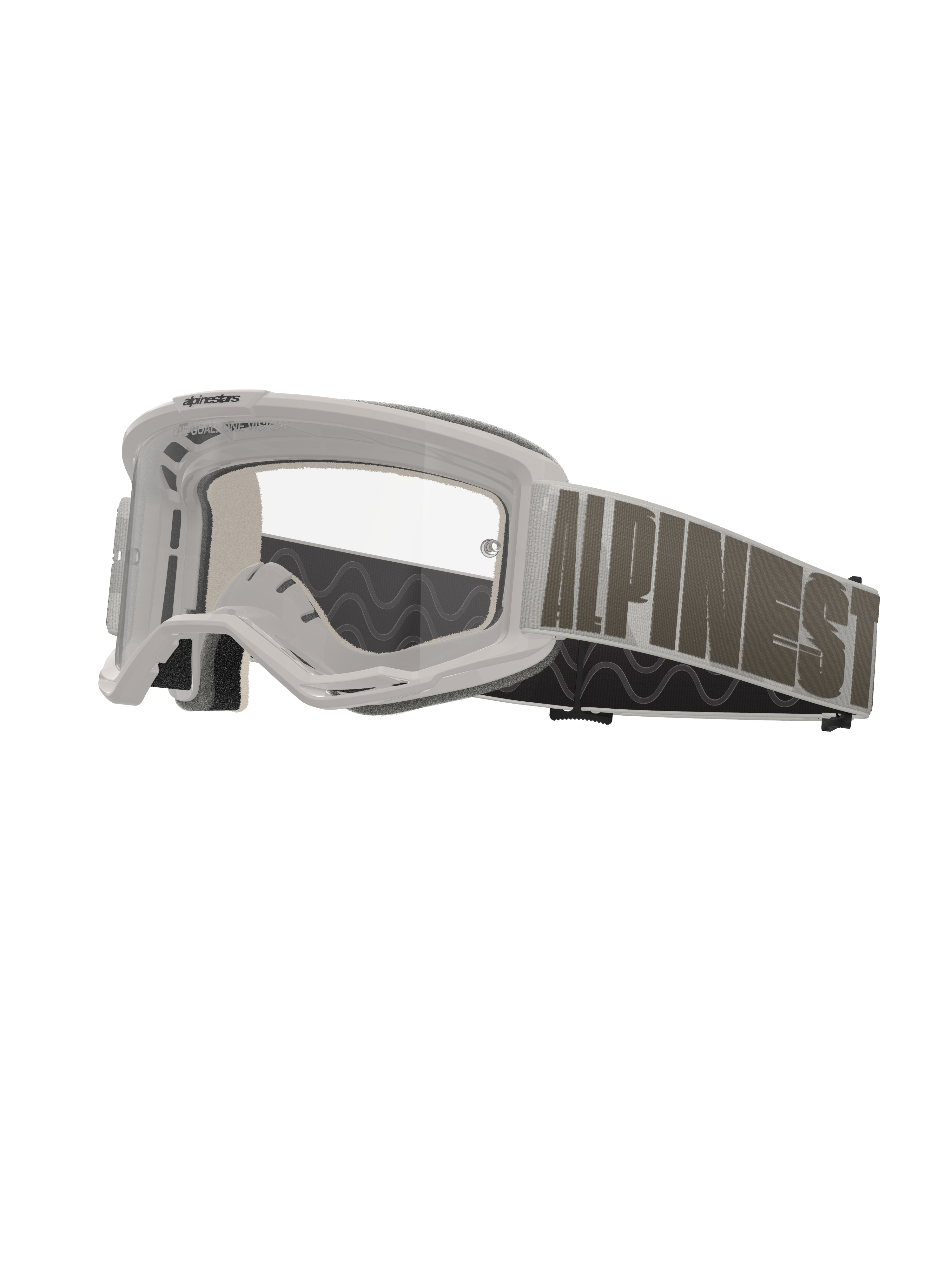 Alpinestars Vision 5 Hollow Goggles, Motocross Goggles, White Frame with Clear Lens, Wide Light Gray Strap with Bold Dark Gray Alpinestars Lettering, Multi-layer Foam Padding, Performance Off-Road Eyewear