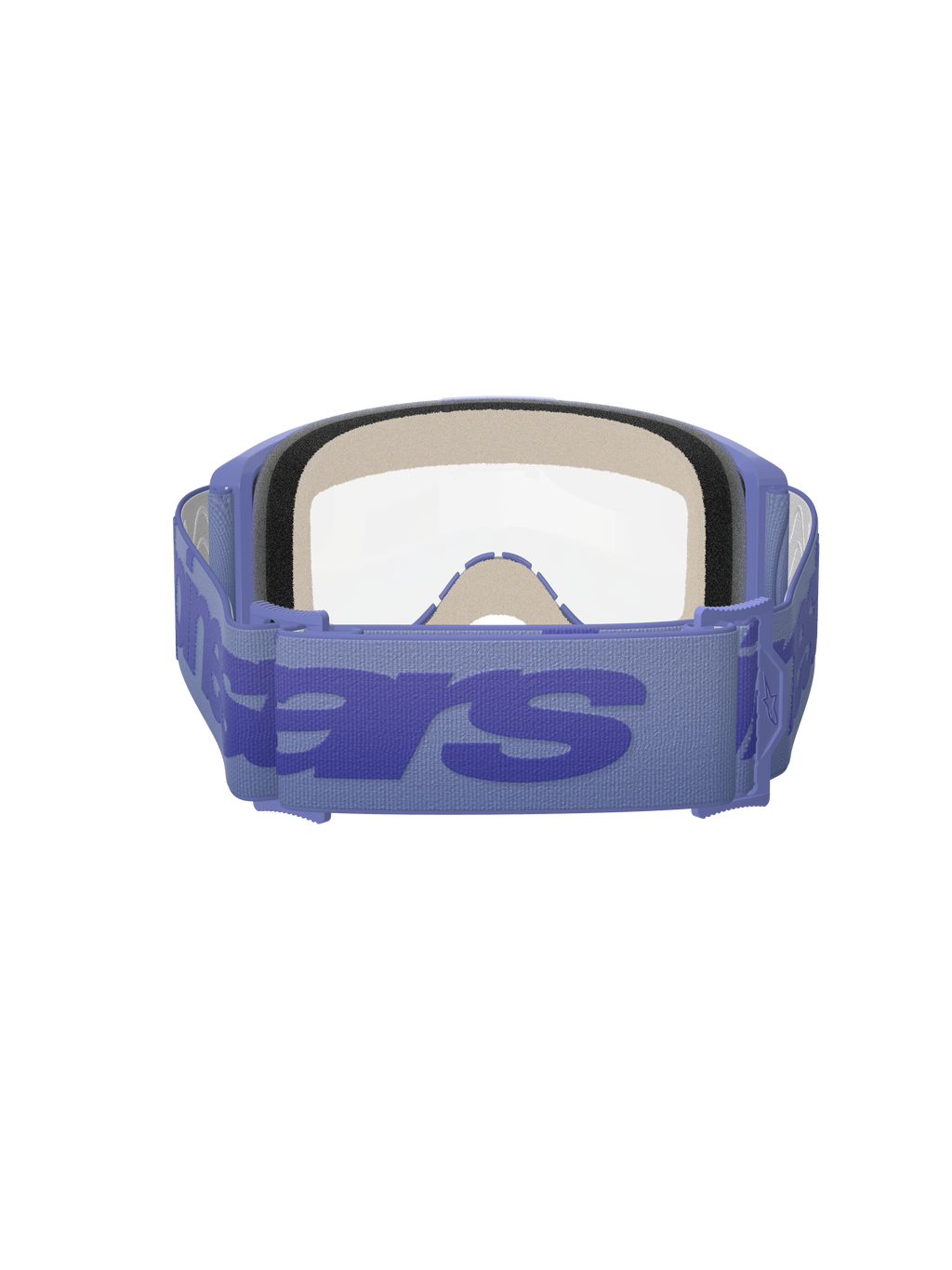 Masque Alpinestars Vision 5 Wordmark, pourpre et transparent, vue arrière montrant la mousse faciale triple couche, large sangle tissée pourpre avec marquage wordmark audacieux, écran transparent, conçu pour le motocross et les courses tout-terrain