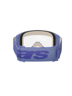 Masque Alpinestars Vision 5 Wordmark, pourpre et transparent, vue arrière montrant la mousse faciale triple couche, large sangle tissée pourpre avec marquage wordmark audacieux, écran transparent, conçu pour le motocross et les courses tout-terrain