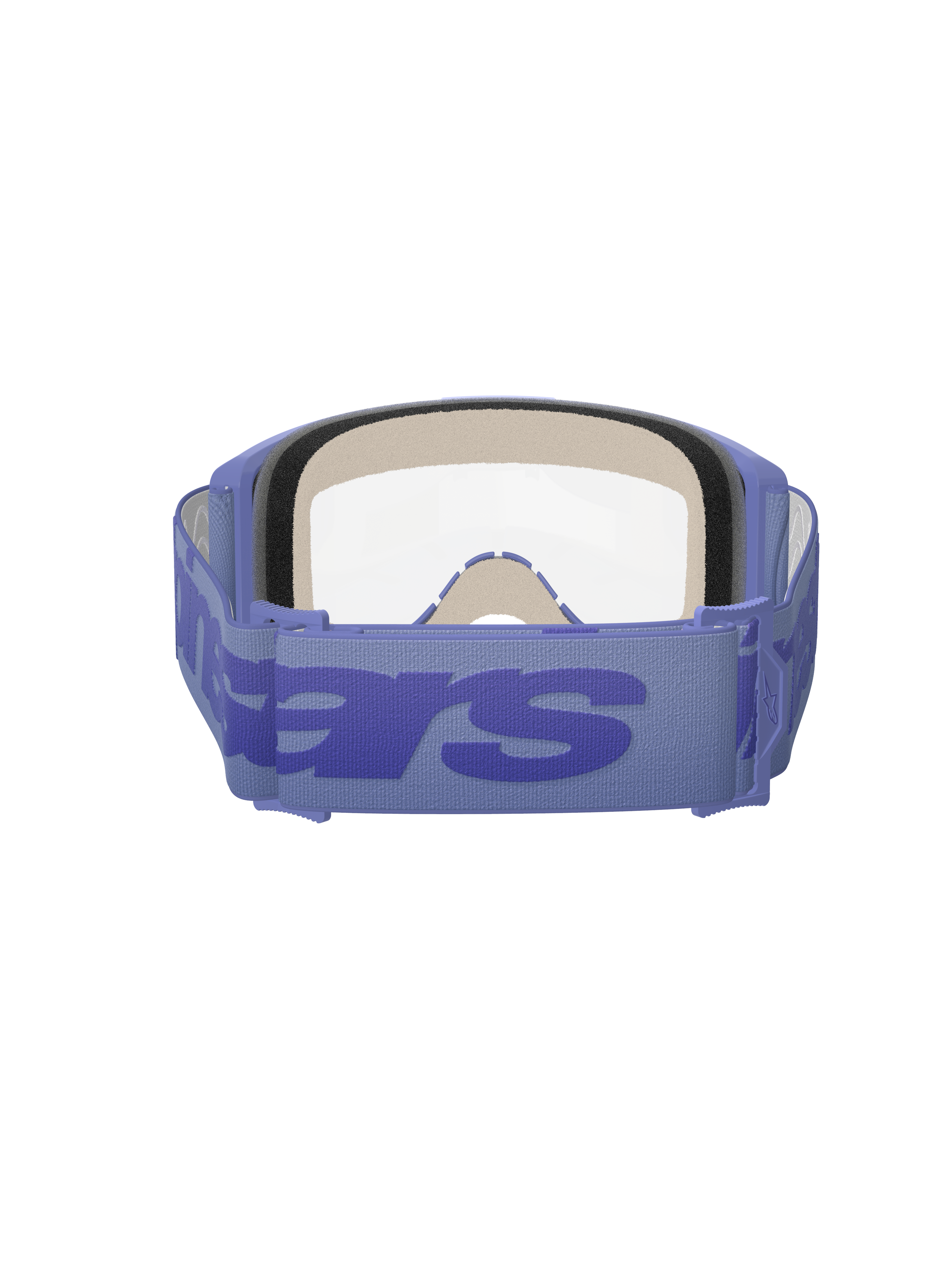 Masque Alpinestars Vision 5 Wordmark, pourpre et transparent, vue arrière montrant la mousse faciale triple couche, large sangle tissée pourpre avec marquage wordmark audacieux, écran transparent, conçu pour le motocross et les courses tout-terrain
