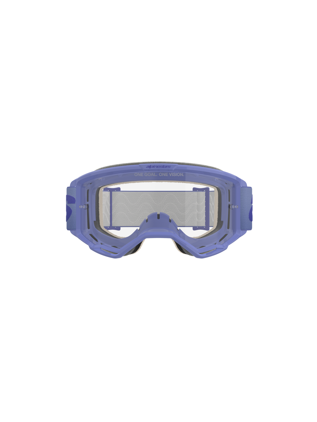 Masque Alpinestars Vision 5 Wordmark, pourpre et transparent, doté d'un cadre léger en uréthane A-FLEX, d'une lentille en polycarbonate transparent anti-buée avec marquage « ONE GOAL. ONE VISION. », d'une mousse faciale multicouche de 17 mm et d'un bandeau tissé pourpre avec logo wordmark, protection oculaire professionnelle pour le motocross