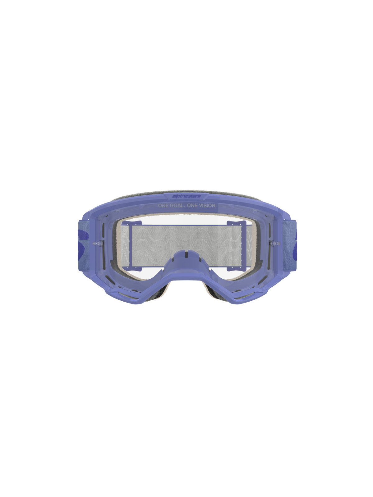 Masque Alpinestars Vision 5 Wordmark, pourpre et transparent, doté d'un cadre léger en uréthane A-FLEX, d'une lentille en polycarbonate transparent anti-buée avec marquage « ONE GOAL. ONE VISION. », d'une mousse faciale multicouche de 17 mm et d'un bandeau tissé pourpre avec logo wordmark, protection oculaire professionnelle pour le motocross