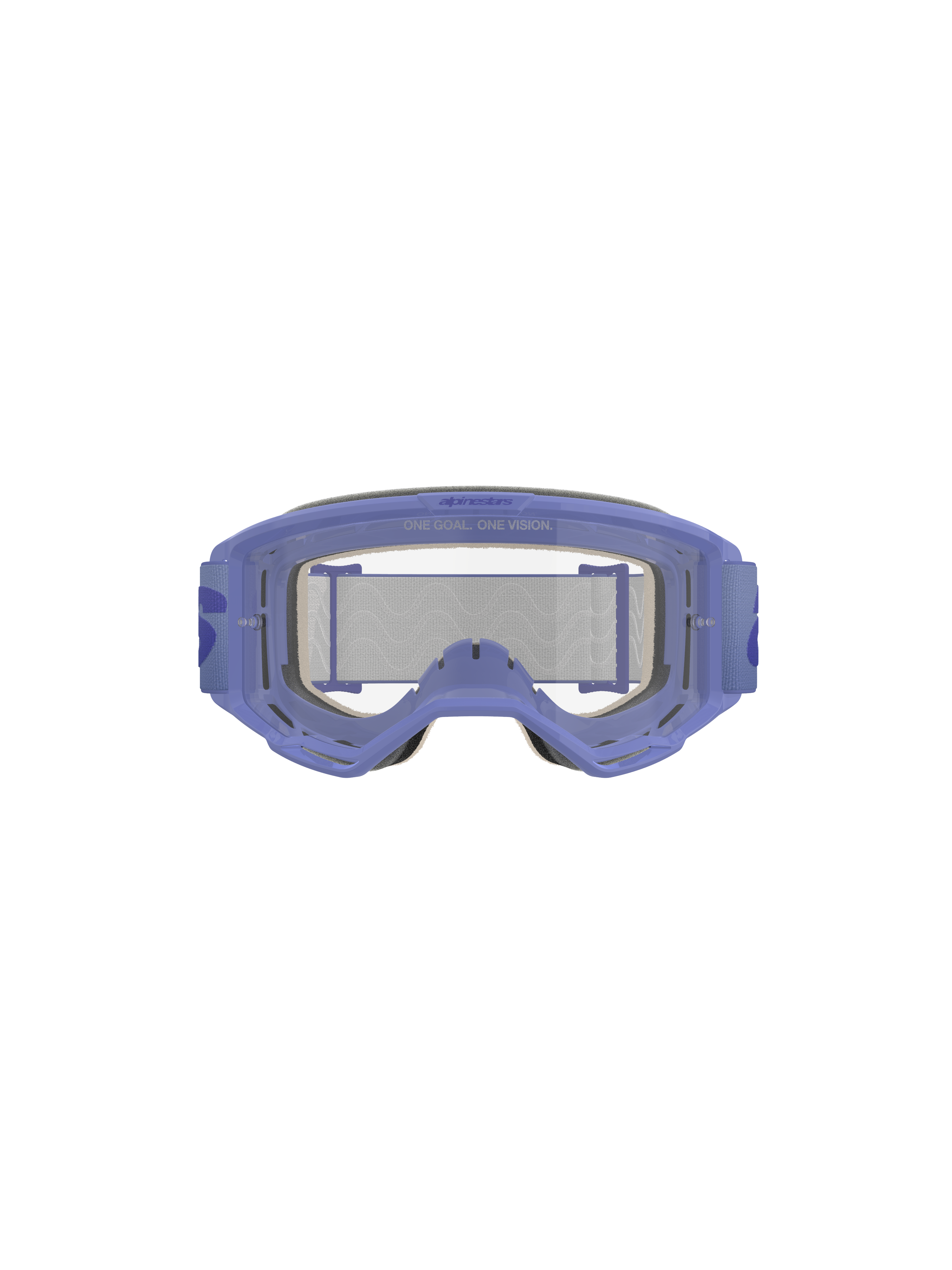 Masque Alpinestars Vision 5 Wordmark, pourpre et transparent, doté d'un cadre léger en uréthane A-FLEX, d'une lentille en polycarbonate transparent anti-buée avec marquage « ONE GOAL. ONE VISION. », d'une mousse faciale multicouche de 17 mm et d'un bandeau tissé pourpre avec logo wordmark, protection oculaire professionnelle pour le motocross
