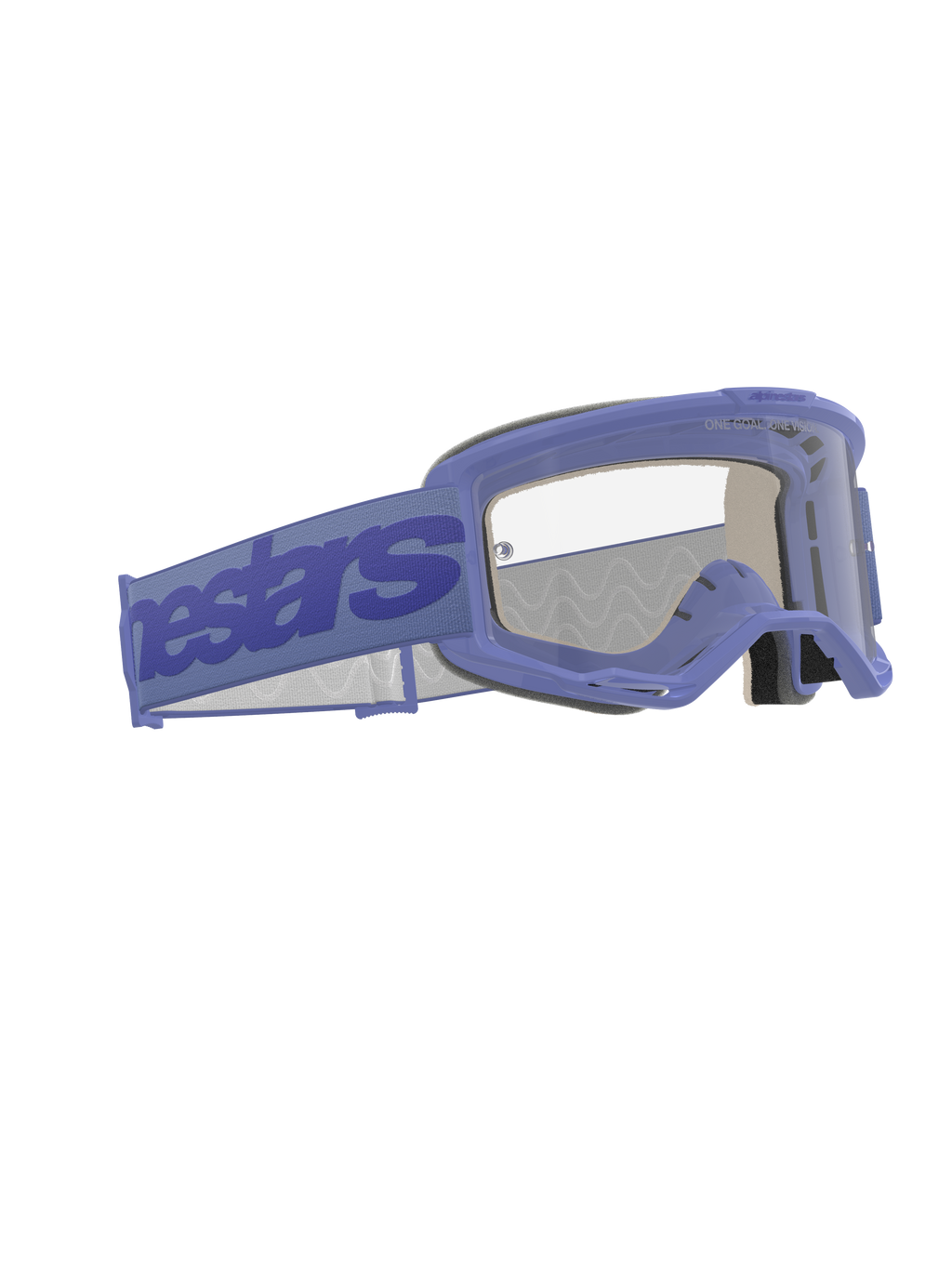 Masque de motocross Alpinestars Vision 5 Wordmark, pourpre et incolore, doté d'une large sangle pourpre avec logo Alpinestars, d'une monture en uréthane flexible, d'un écran antibuée clair et d'une mousse faciale multicouche