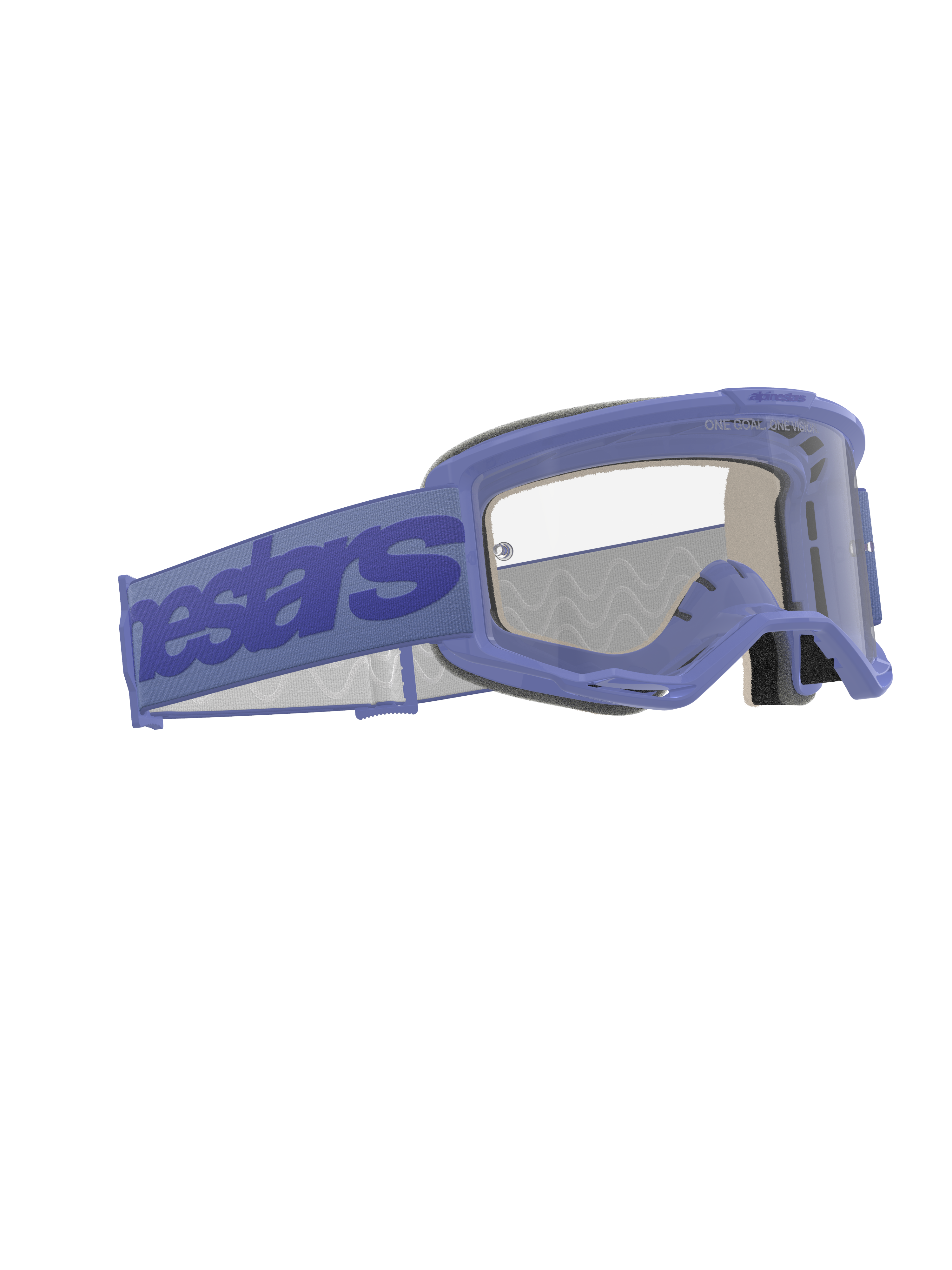 Masque de motocross Alpinestars Vision 5 Wordmark, pourpre et incolore, doté d'une large sangle pourpre avec logo Alpinestars, d'une monture en uréthane flexible, d'un écran antibuée clair et d'une mousse faciale multicouche