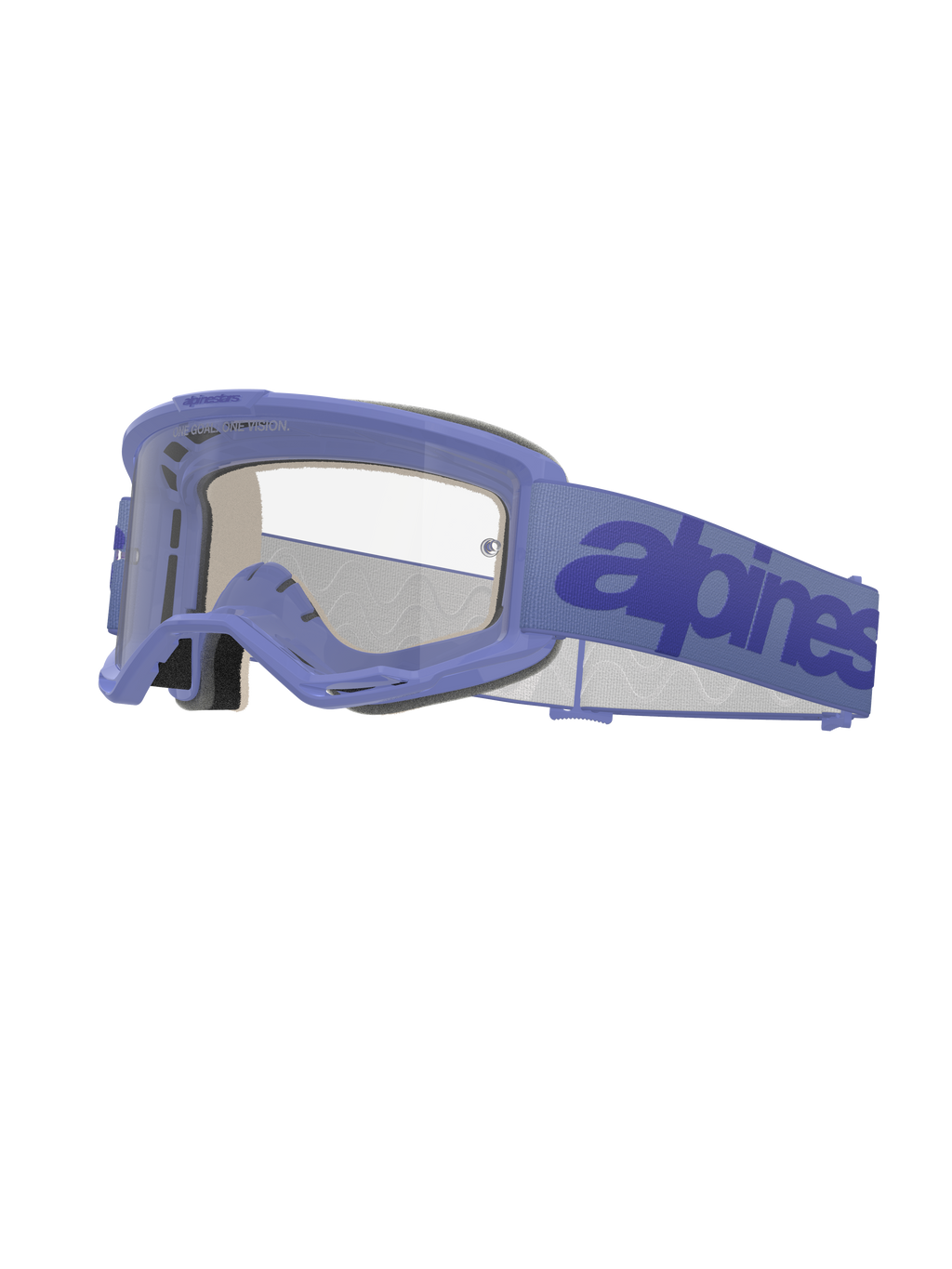 Alpinestars Vision 5 Wordmark, masque de motocross, monture violet clair avec lentille transparente, sangle violette avec logo bleu foncé, design A-FLEX ventilé, mousse faciale multicouche, protection oculaire tout-terrain