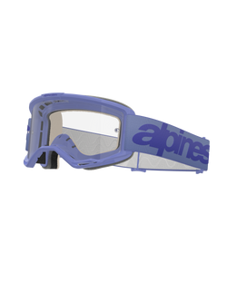 Alpinestars Vision 5 Wordmark, masque de motocross, monture violet clair avec lentille transparente, sangle violette avec logo bleu foncé, design A-FLEX ventilé, mousse faciale multicouche, protection oculaire tout-terrain
