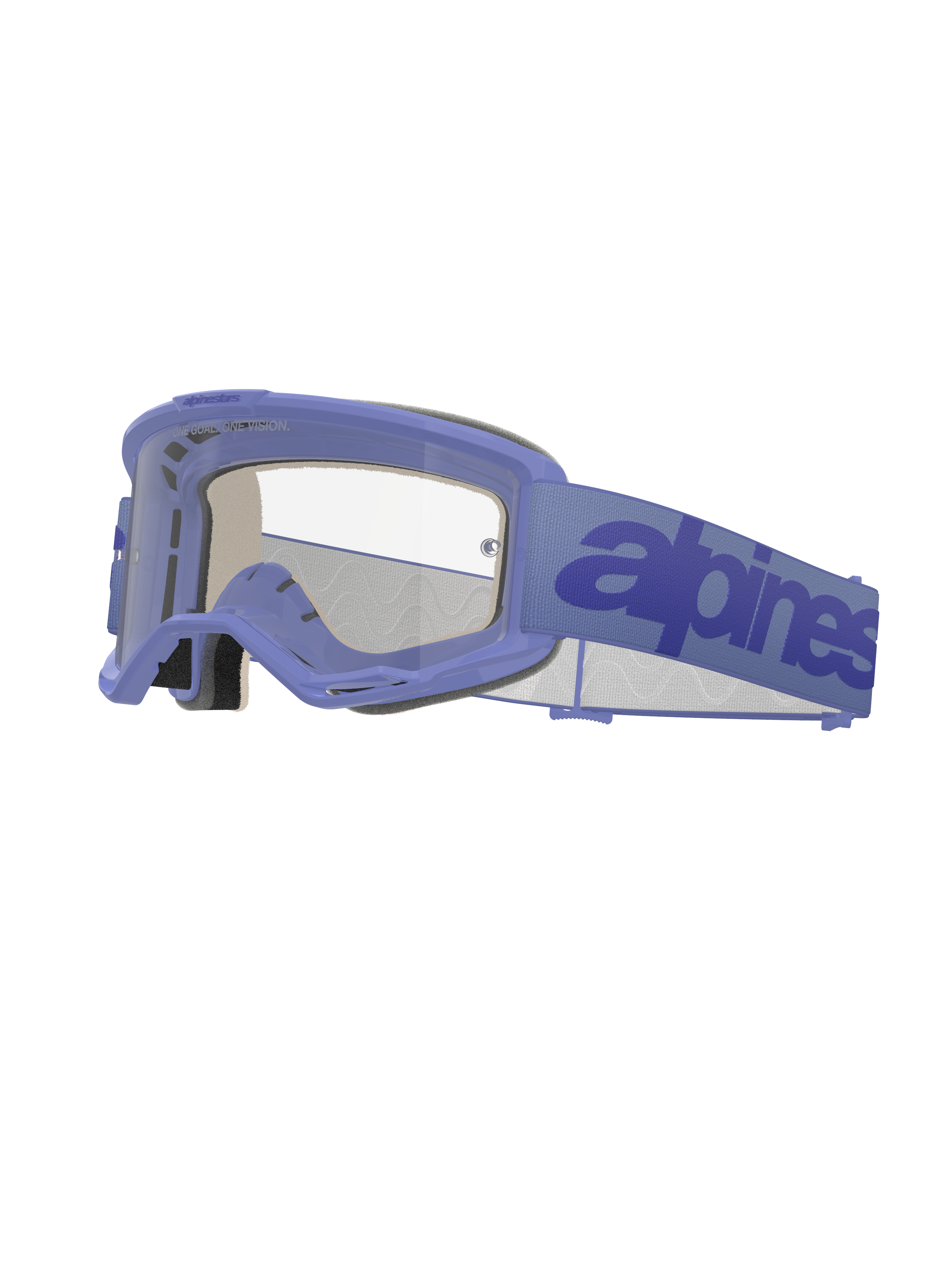 Alpinestars Vision 5 Wordmark, masque de motocross, monture violet clair avec lentille transparente, sangle violette avec logo bleu foncé, design A-FLEX ventilé, mousse faciale multicouche, protection oculaire tout-terrain