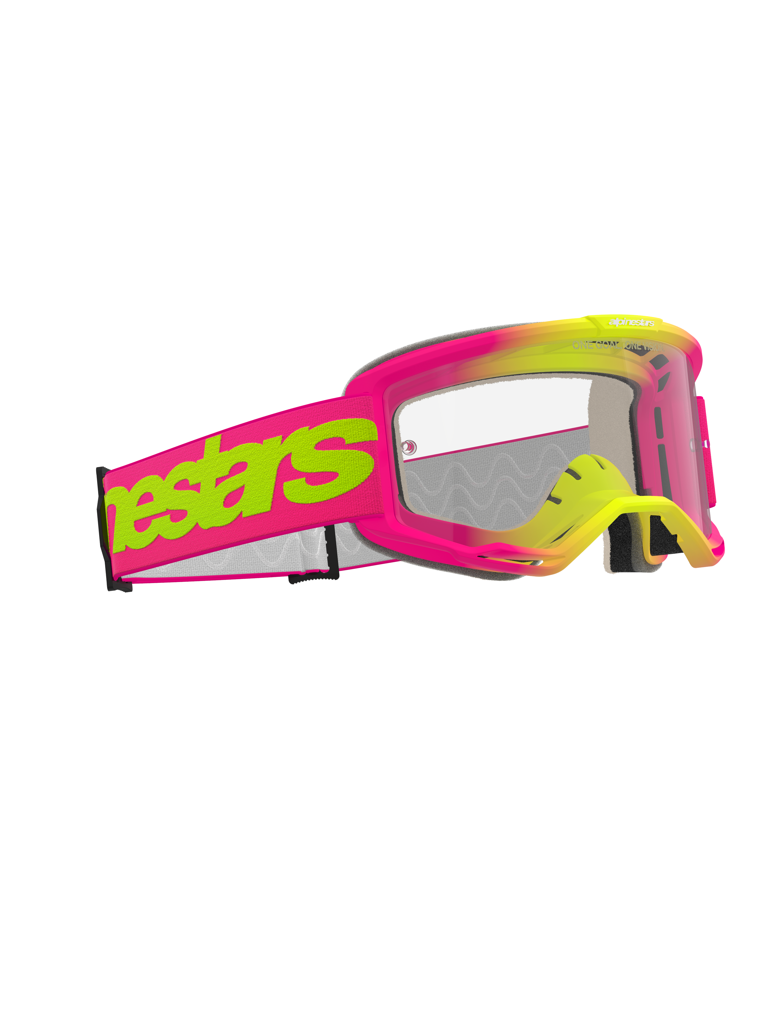 Alpinestars Vision 5 Wordmark Goggles, Motocross Goggles, Pink and Fluorescent Yellow frame with clear lens, wide pink strap featuring bold neon yellow Alpinestars wordmark logo, high-performance eye protection for off-road racing