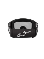 Alpinestars Vision 3 Wordmark, masque de motocross, noir et argent miroir, vue arrière présentant une sangle tissée noire avec un logo Alpinestars blanc et un rembourrage intérieur en mousse moelleuse.