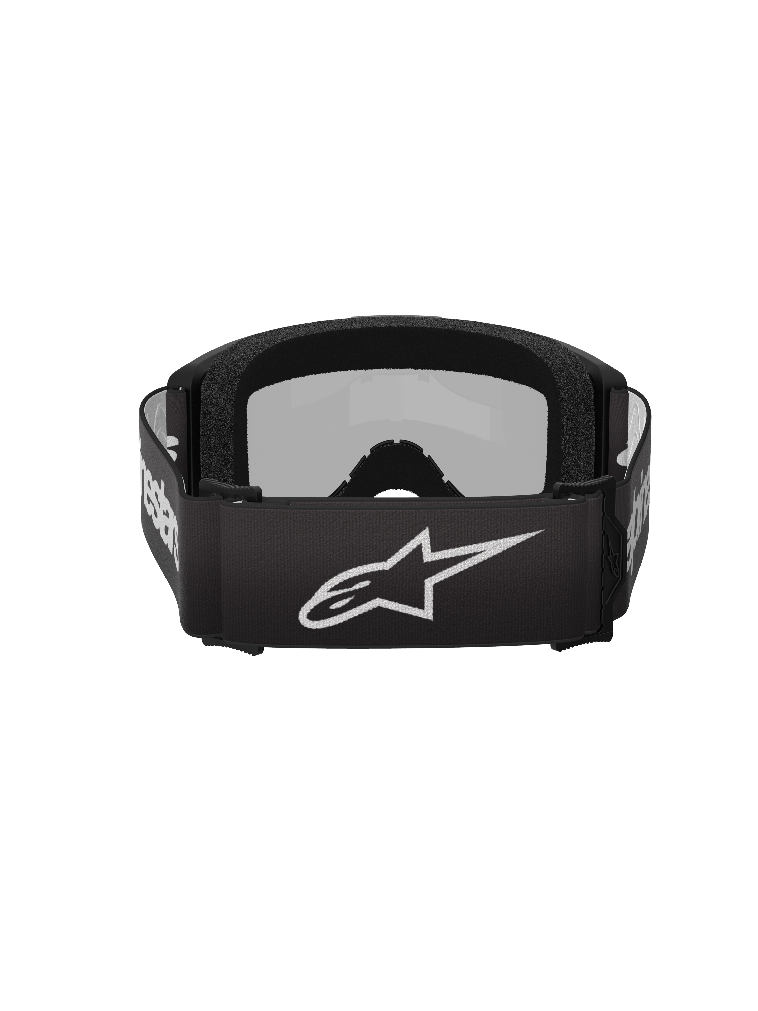 Alpinestars Vision 3 Wordmark, masque de motocross, noir et argent miroir, vue arrière présentant une sangle tissée noire avec un logo Alpinestars blanc et un rembourrage intérieur en mousse moelleuse.