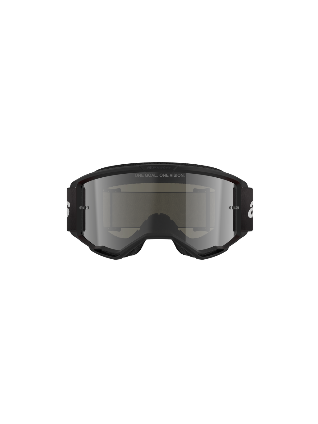 Masque Alpinestars Vision 3 Wordmark, lunettes de motocross, Noir Miroir Argent, doté d'une monture noire élégante et d'un écran miroir argenté, bandeau tissé noir avec marquage blanc, conçu pour la course tout-terrain et la protection des yeux
