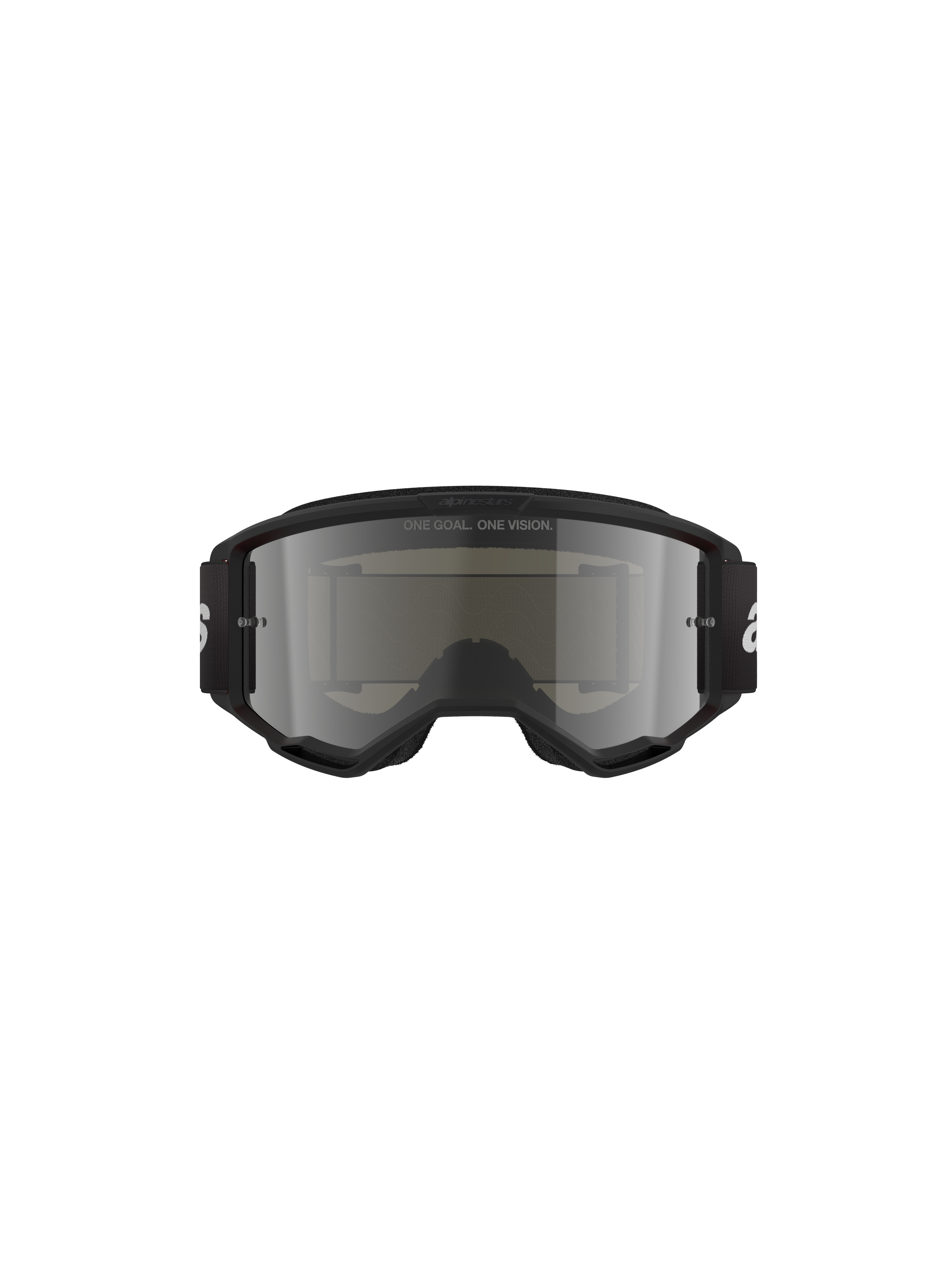 Masque Alpinestars Vision 3 Wordmark, lunettes de motocross, Noir Miroir Argent, doté d'une monture noire élégante et d'un écran miroir argenté, bandeau tissé noir avec marquage blanc, conçu pour la course tout-terrain et la protection des yeux