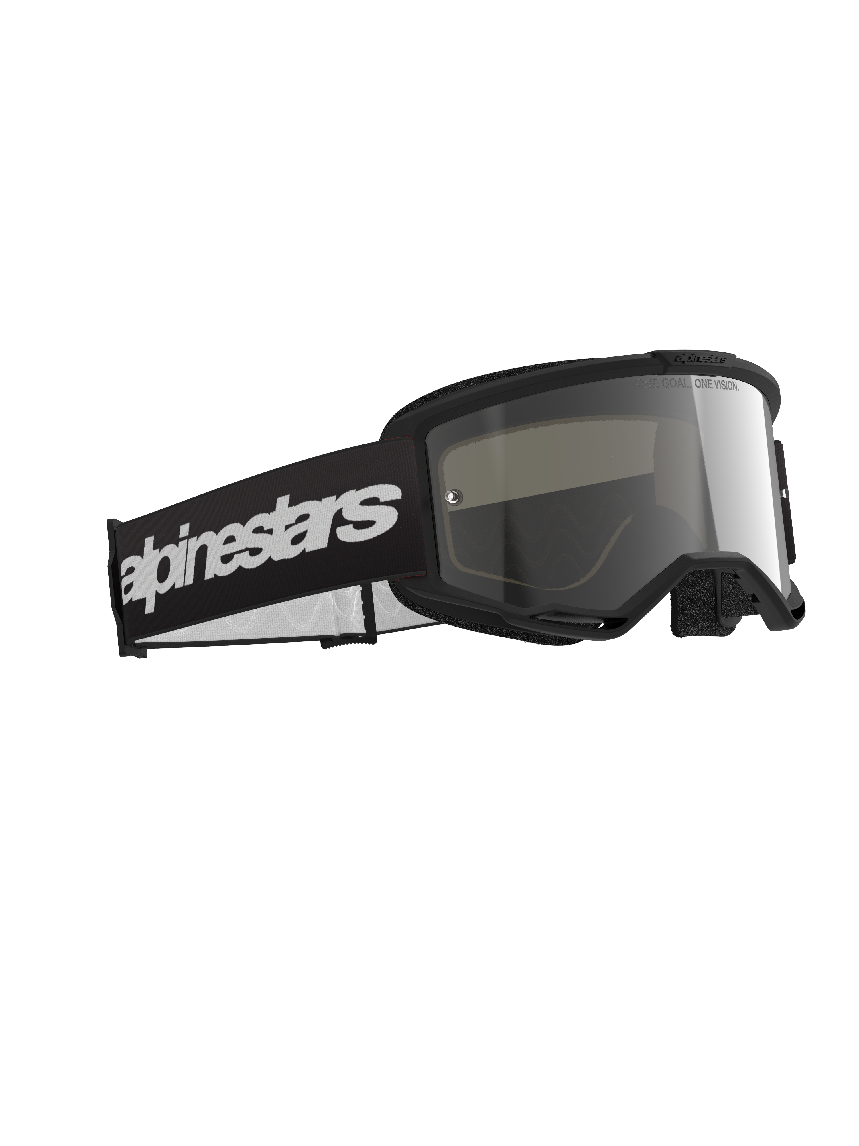 Masque Alpinestars Vision 3 Wordmark, masque de motocross, monture noire avec écran miroir argenté, large bandeau noir avec logo Alpinestars blanc, protection oculaire élégante pour la course tout-terrain