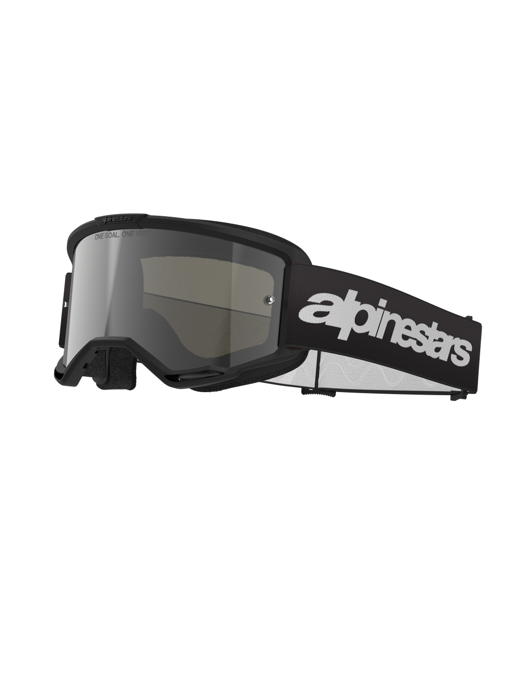 Alpinestars Vision 3 Wordmark Goggles, lunettes de motocross, noir et argent miroir, large écran teinté argent, bandeau noir ajustable avec logo blanc proéminent, monture doublée de mousse avec orifices de ventilation, conçu pour la course tout-terrain