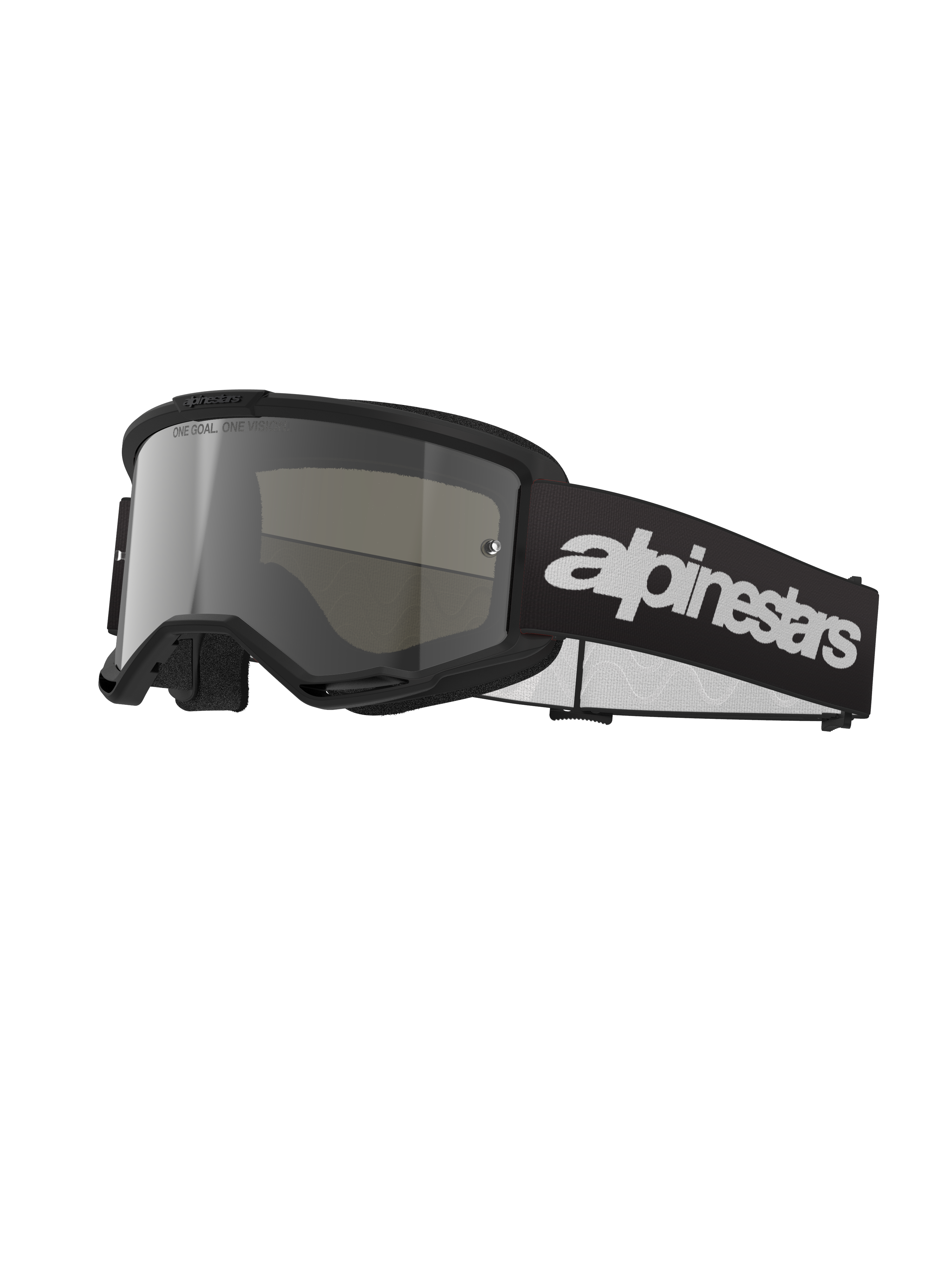 Alpinestars Vision 3 Wordmark Goggles, lunettes de motocross, noir et argent miroir, large écran teinté argent, bandeau noir ajustable avec logo blanc proéminent, monture doublée de mousse avec orifices de ventilation, conçu pour la course tout-terrain