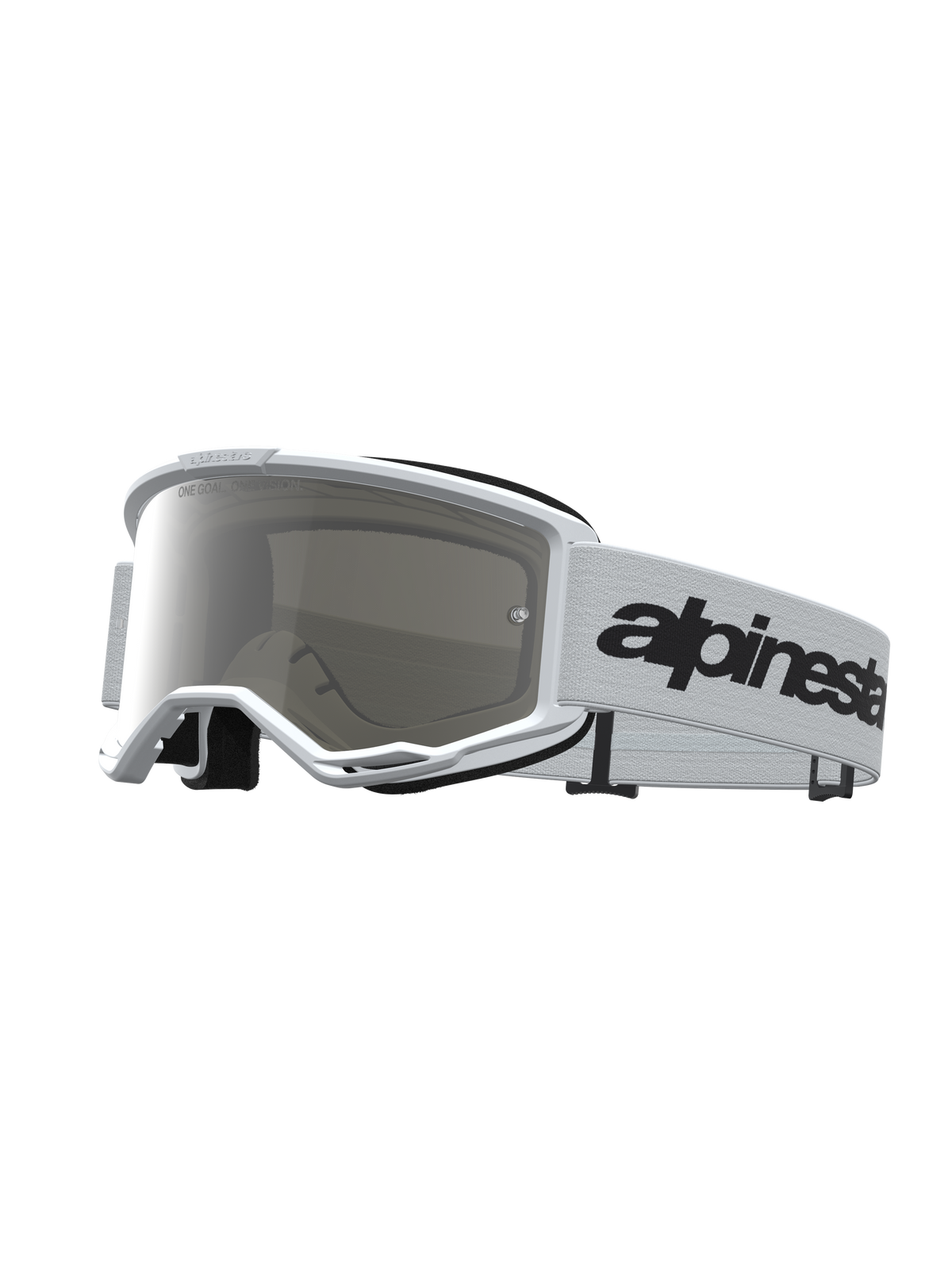 Masque Alpinestars Vision 3 Wordmark Miroir, masque de motocross blanc, lentille argentée et sangle blanche à logo noir.