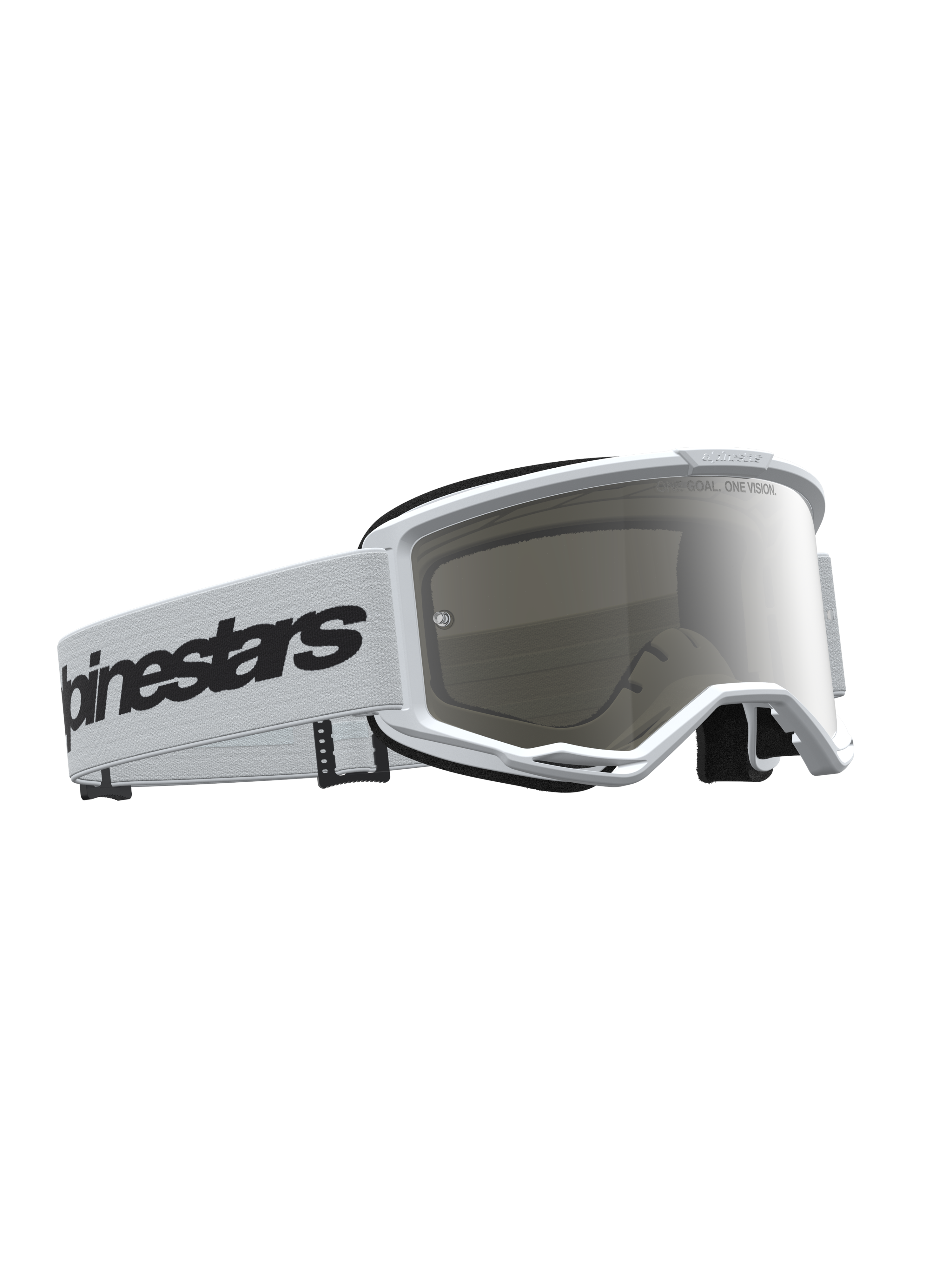 Alpinestars Vision 3 Wordmark Mirror Goggles in white and black, motocross eyewear with anti-fog silver mirror lens.