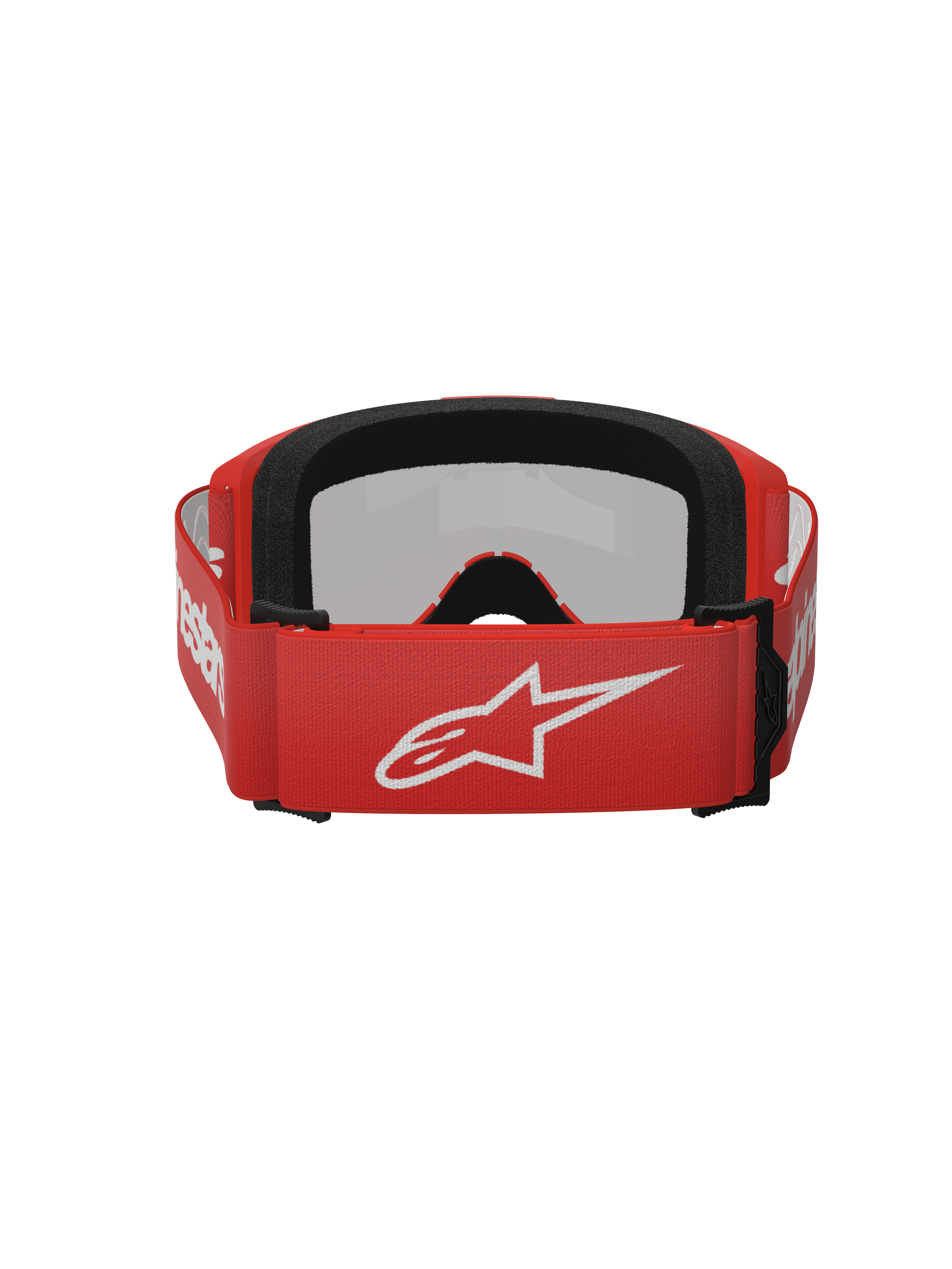 Masque Alpinestars Vision 3 Wordmark, lunettes de motocross, rouge miroir argenté, vue arrière présentant un bandeau tissé rouge avec un logo Alpinestars blanc, mousse faciale EO15 noire et ajustement réglable pour la performance tout-terrain.