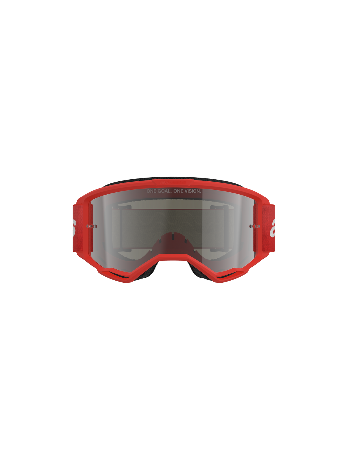 Lunettes Alpinestars Vision 3 Wordmark, lunettes de motocross, monture rouge avec écran miroir argenté, vue de face présentant le texte 'ONE GOAL. ONE VISION.' sur l'écran et un large bandeau rouge