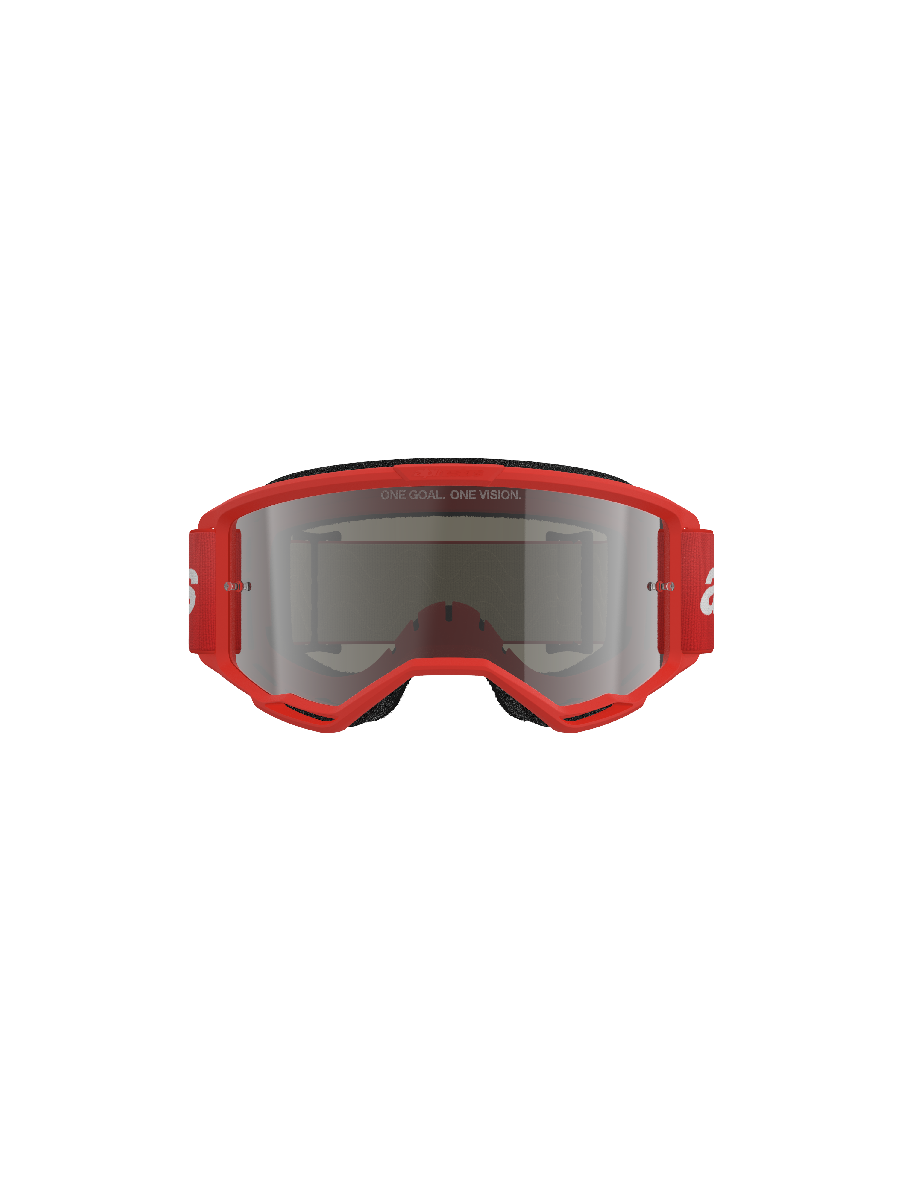 Lunettes Alpinestars Vision 3 Wordmark, lunettes de motocross, monture rouge avec écran miroir argenté, vue de face présentant le texte 'ONE GOAL. ONE VISION.' sur l'écran et un large bandeau rouge