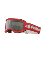 Lunettes Alpinestars Vision 3 Wordmark, lunettes de motocross, rouge et argent miroir, monture rouge vif avec écran miroir argenté, sangle tissée rouge avec un grand logo blanc, lunettes de protection sportives pour le tout-terrain