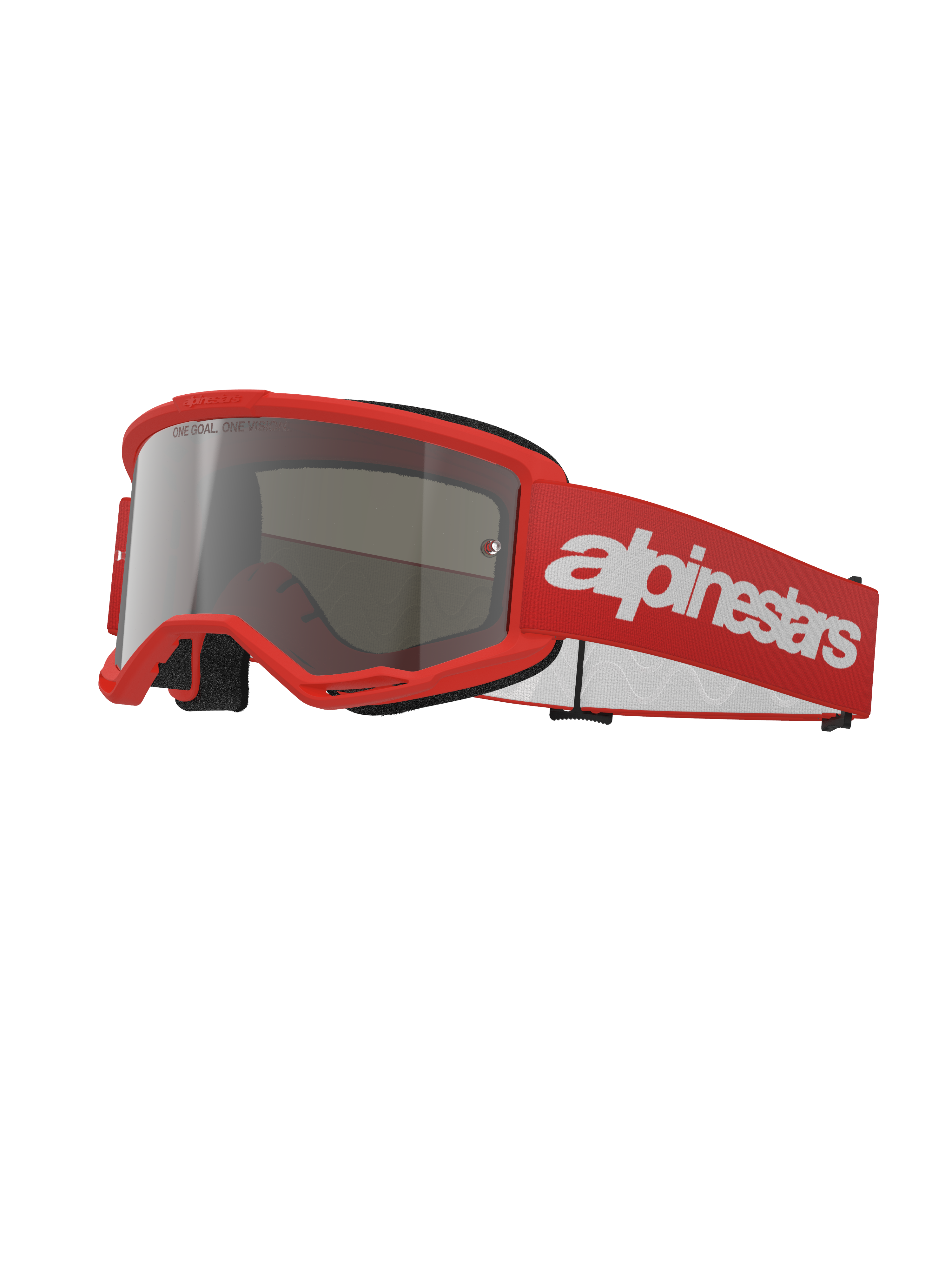 Lunettes Alpinestars Vision 3 Wordmark, lunettes de motocross, rouge et argent miroir, monture rouge vif avec écran miroir argenté, sangle tissée rouge avec un grand logo blanc, lunettes de protection sportives pour le tout-terrain
