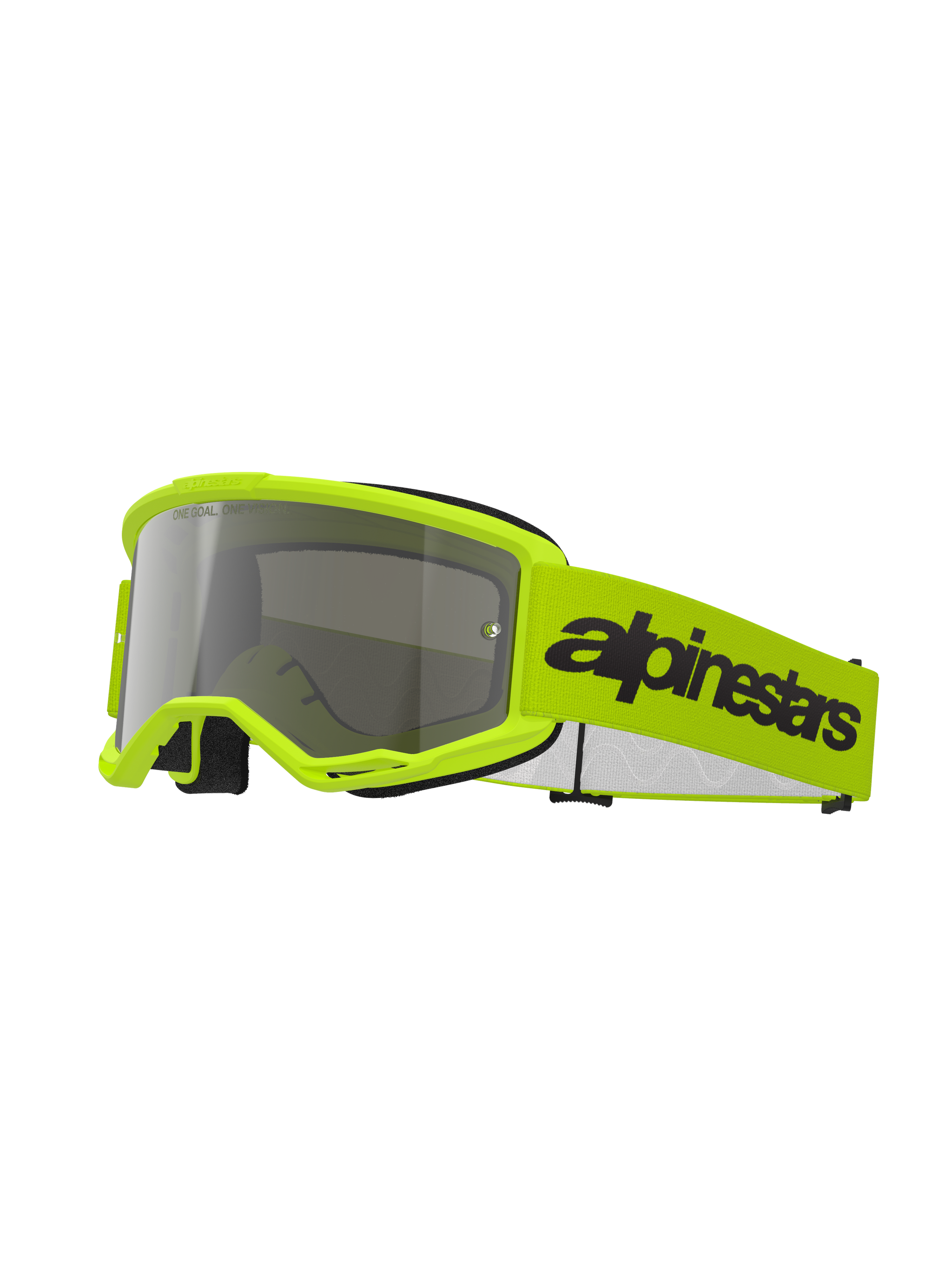 Masque Alpinestars Vision 3 Wordmark, lunettes de motocross, jaune fluo et miroir argenté, doté d'une monture et d'un bandeau jaune vif avec un logo Alpinestars noir, protection oculaire haute performance pour la course tout-terrain