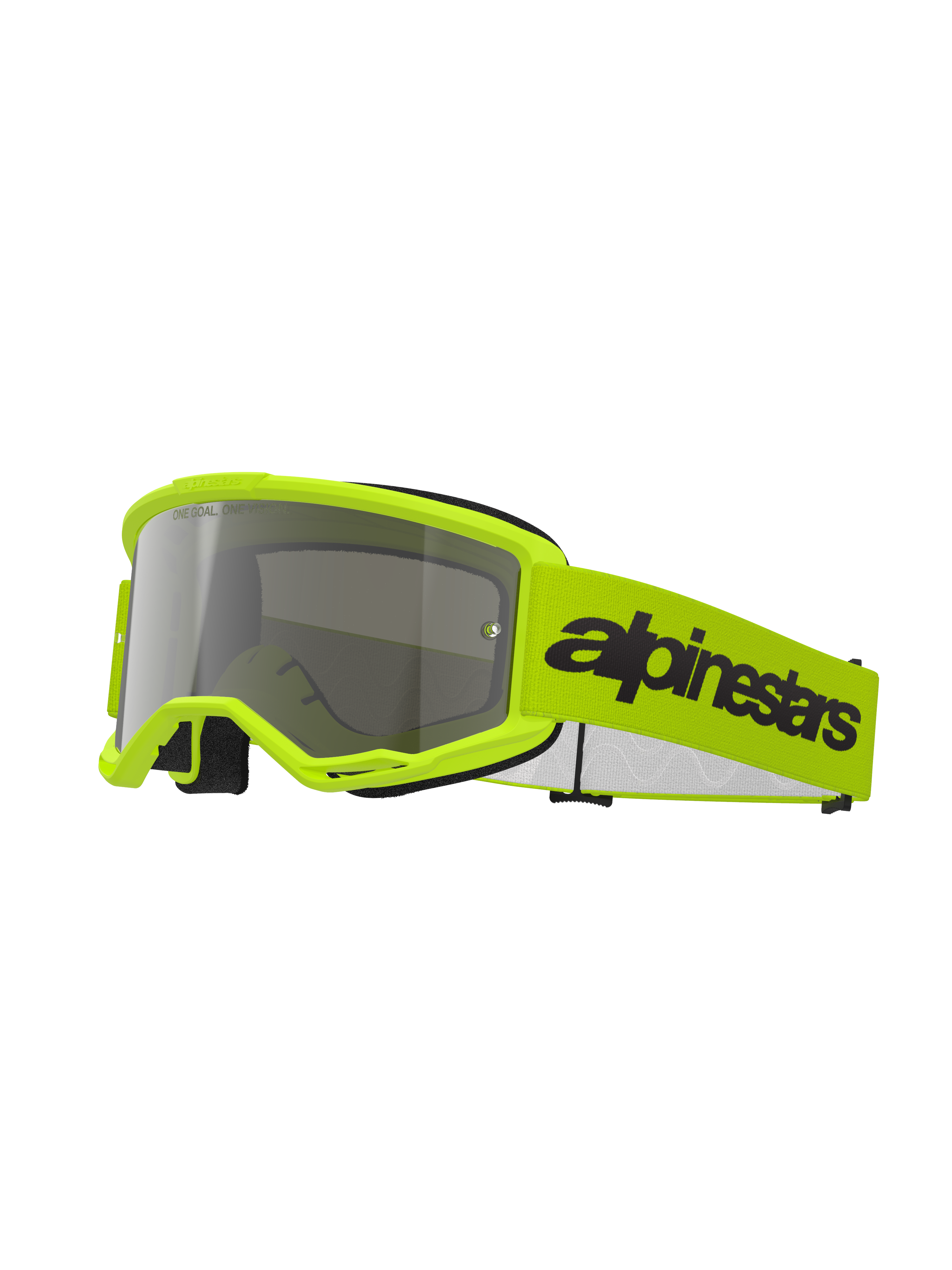 Masque Alpinestars Vision 3 Wordmark, lunettes de motocross, jaune fluo et miroir argenté, doté d'une monture et d'un bandeau jaune vif avec un logo Alpinestars noir, protection oculaire haute performance pour la course tout-terrain