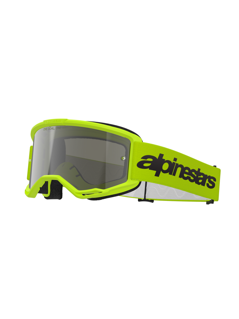 Alpinestars Vision 3 Wordmark Goggles, Motocross Goggles, Yellow Fluo and Silver Mirror, featuring a bright yellow frame and strap with a bold black Alpinestars logo, high-performance eye protection for off-road racing